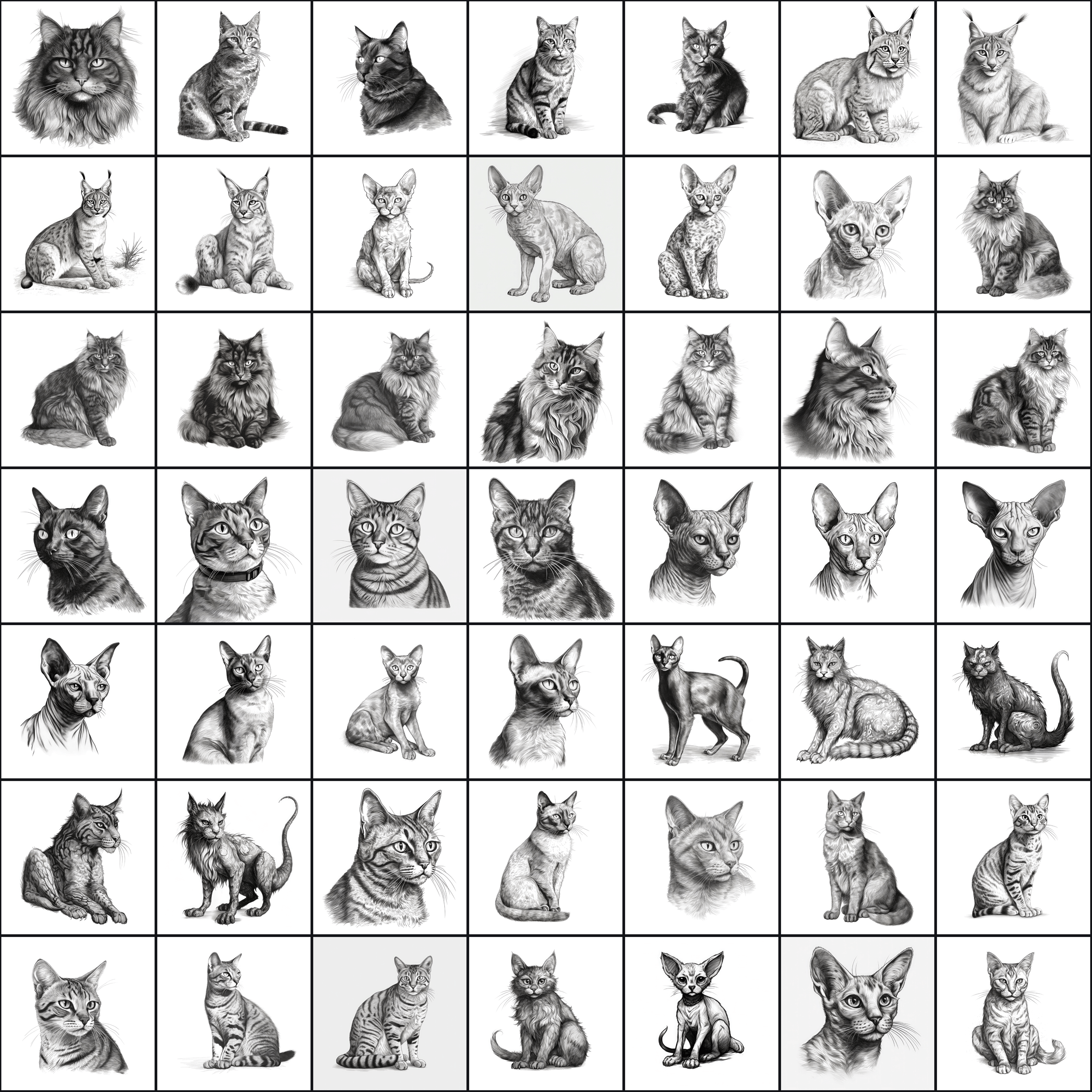 590 Sketch Cat Breed PNGs, Black & White Cat Images Digital Download Sumobundle