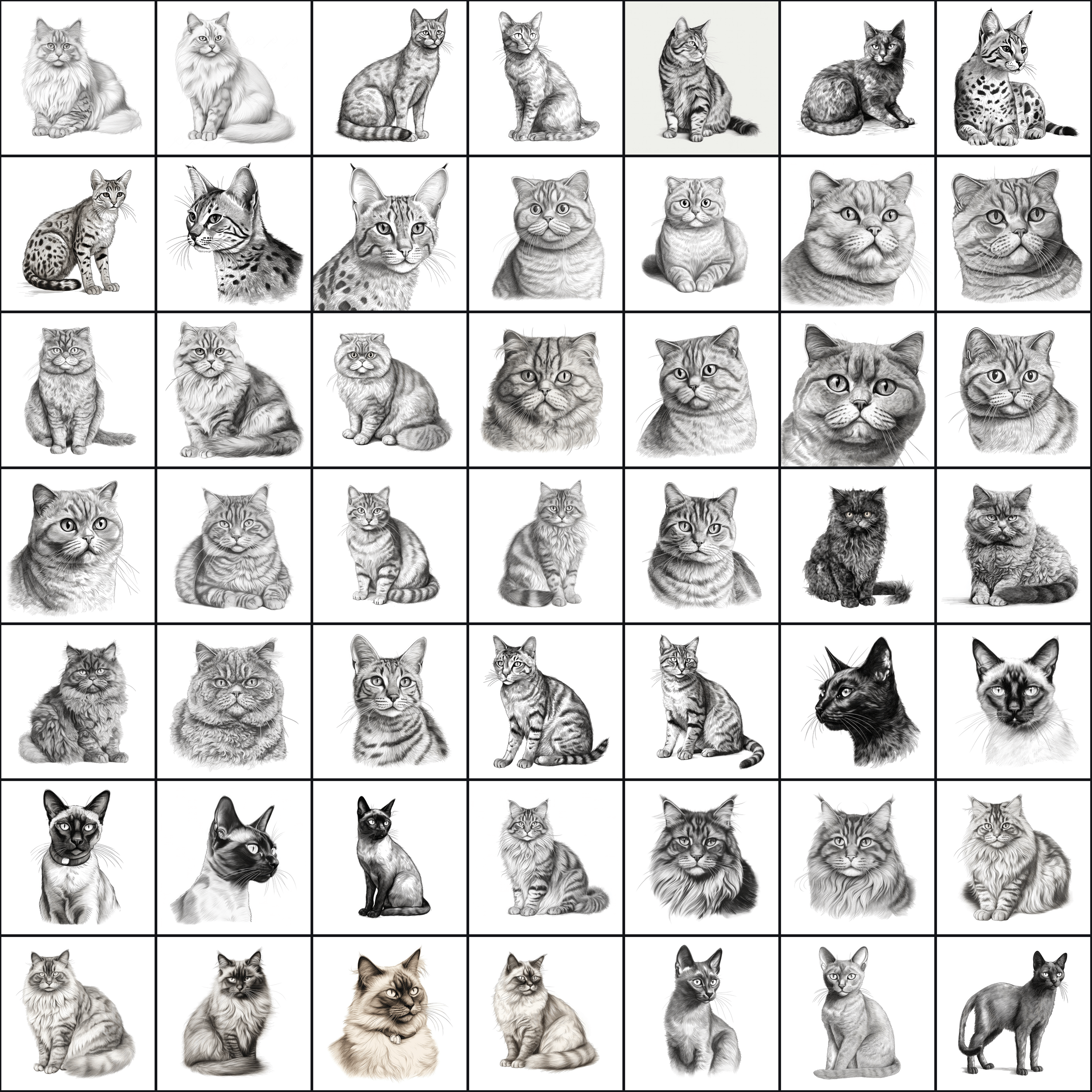 590 Sketch Cat Breed PNGs, Black & White Cat Images Digital Download Sumobundle