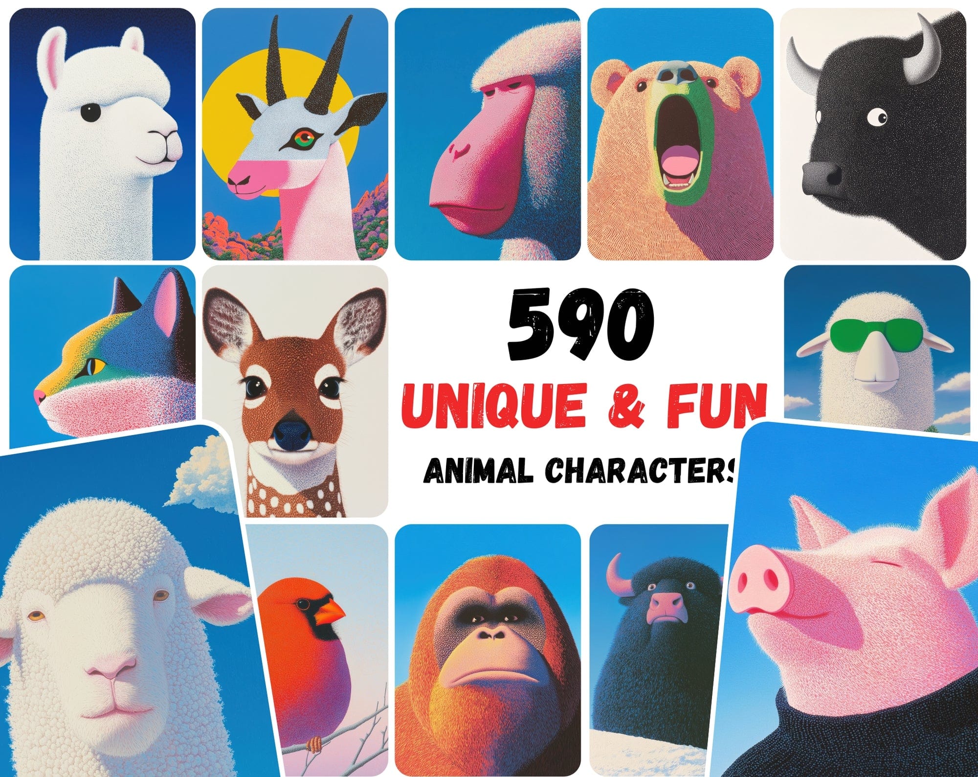 590 Unique Animal Illustrations - High-Resolution JPG Files for Print on Demand & Wall Art Digital Download Sumobundle