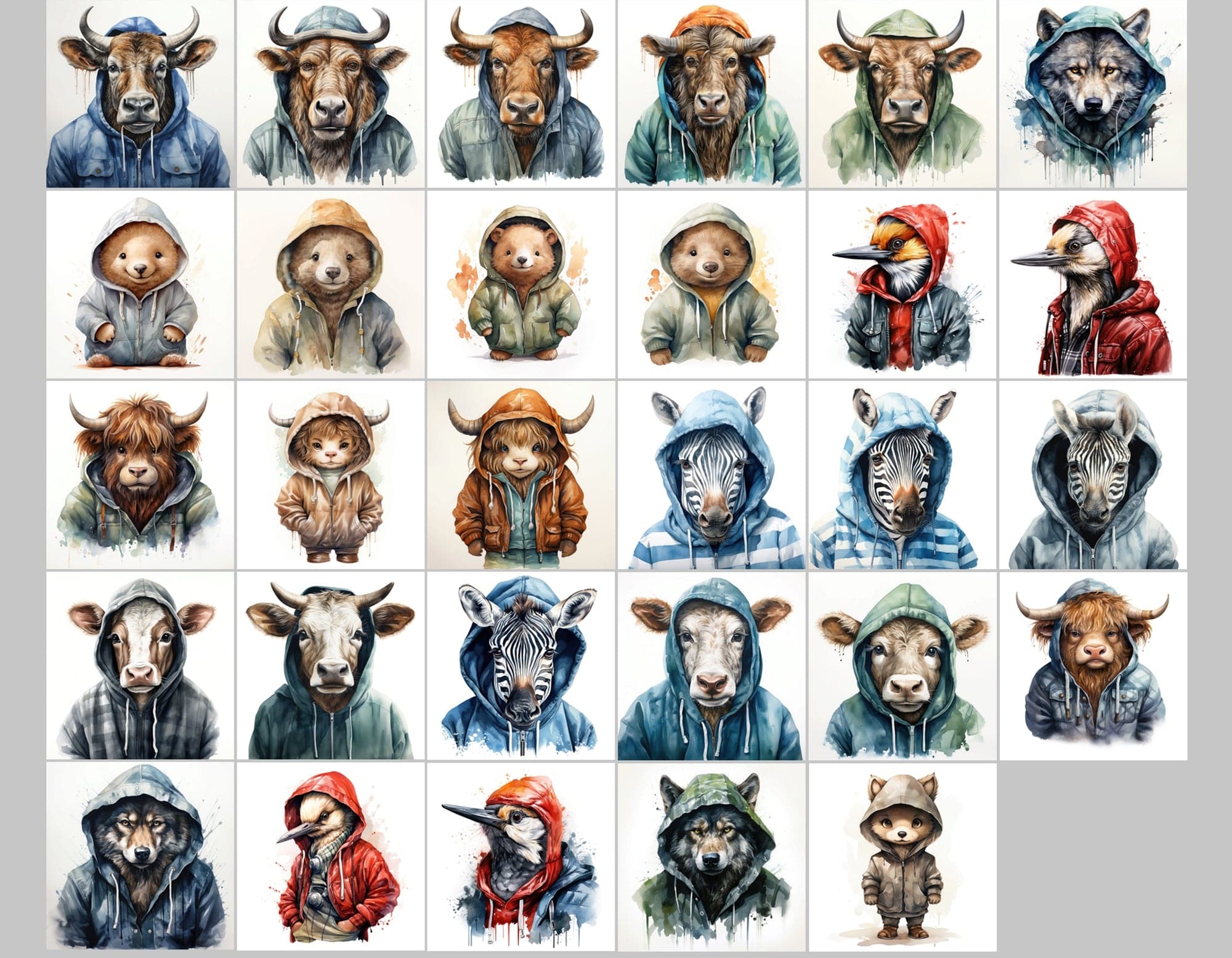 590 Watercolor Animals in Hoodies - Unleash Your Creativity with Our Watercolor Collection! Digital Download Sumobundle