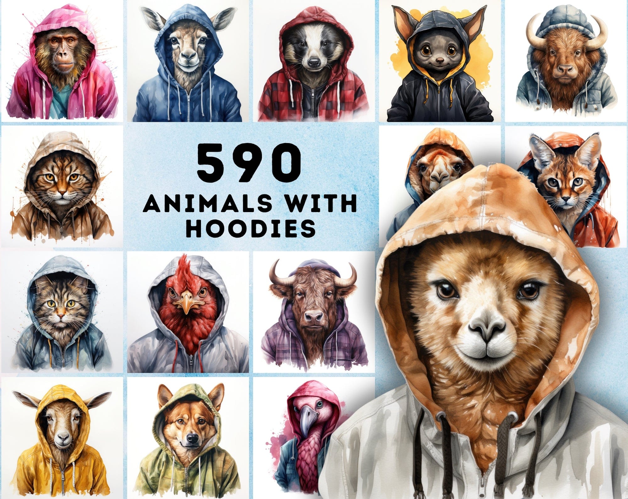 590 Watercolor Animals in Hoodies - Unleash Your Creativity with Our Watercolor Collection! Digital Download Sumobundle