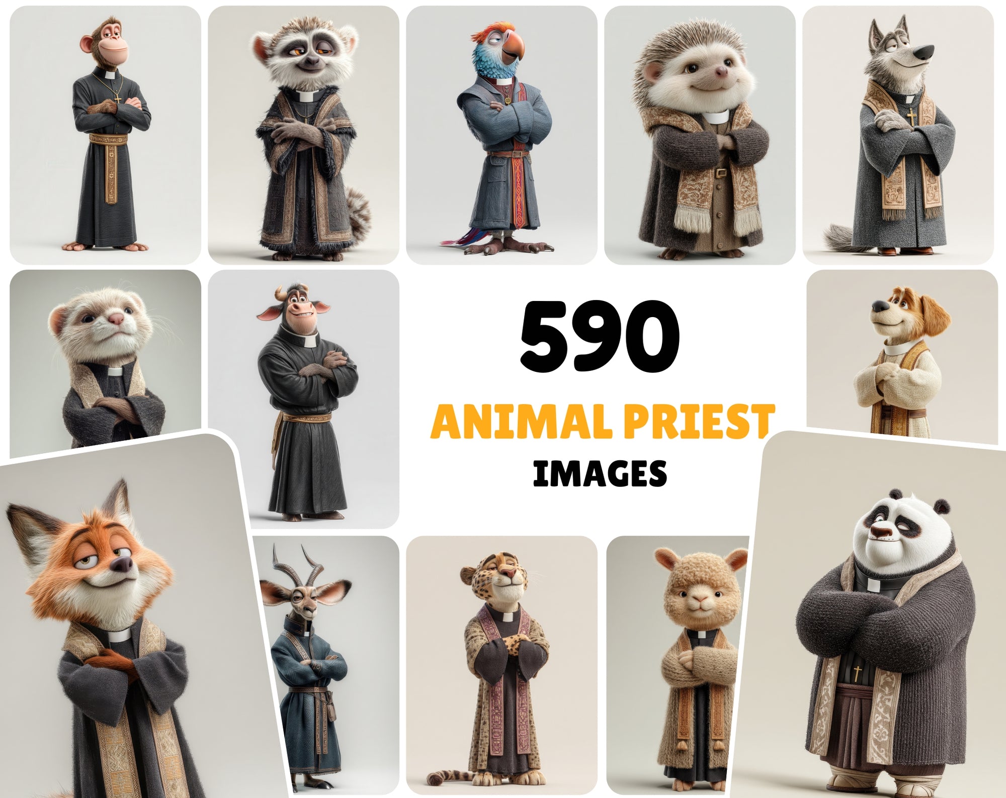 590 Cute Animal Priest Illustrations – High-Resolution JPGs with Commercial License