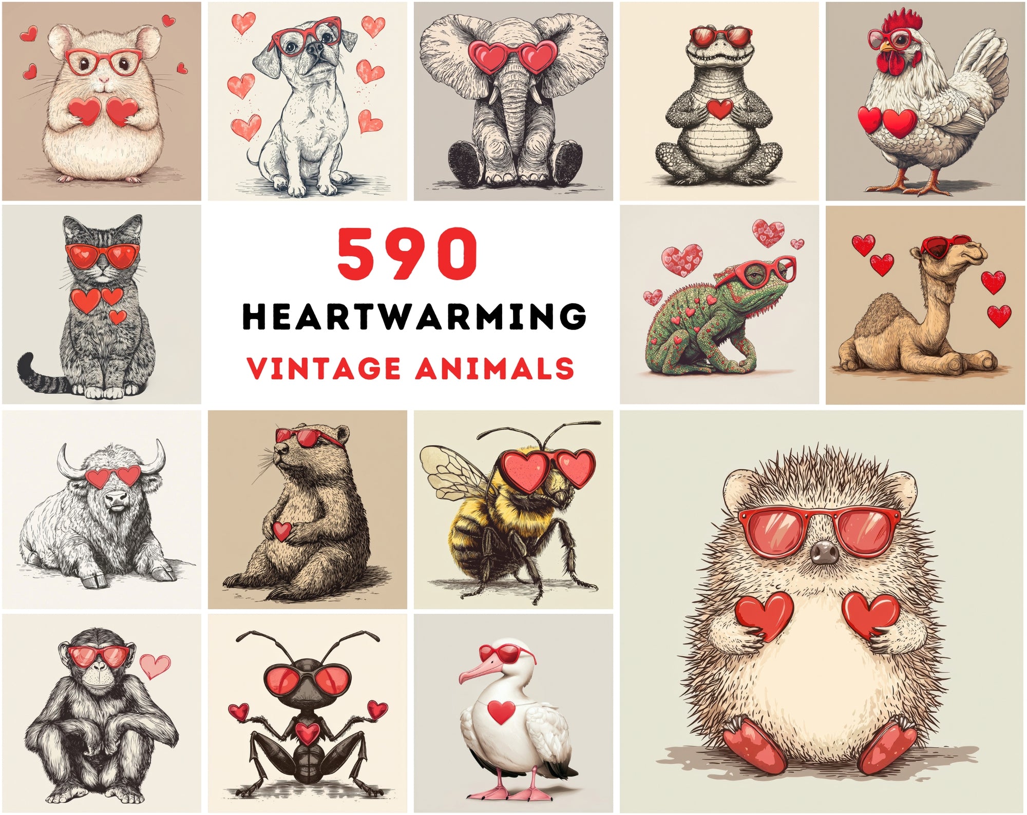 590 Unique Vintage Animal Illustrations for Love & Valentine’s Day Creations