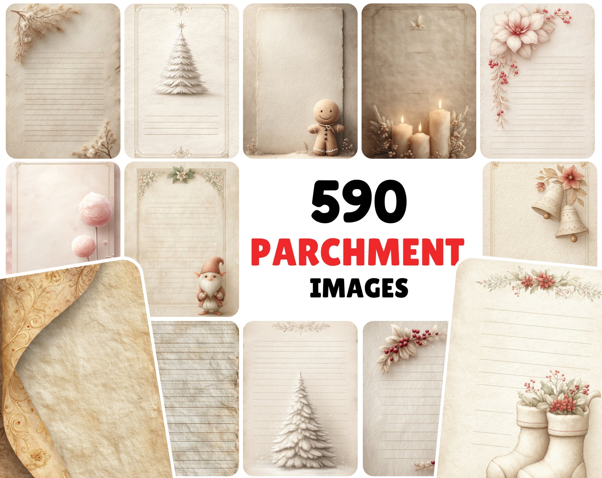 590 Vintage Christmas Parchment Pages | Lined Stationery, Antique Paper, JPG, Commercial Use