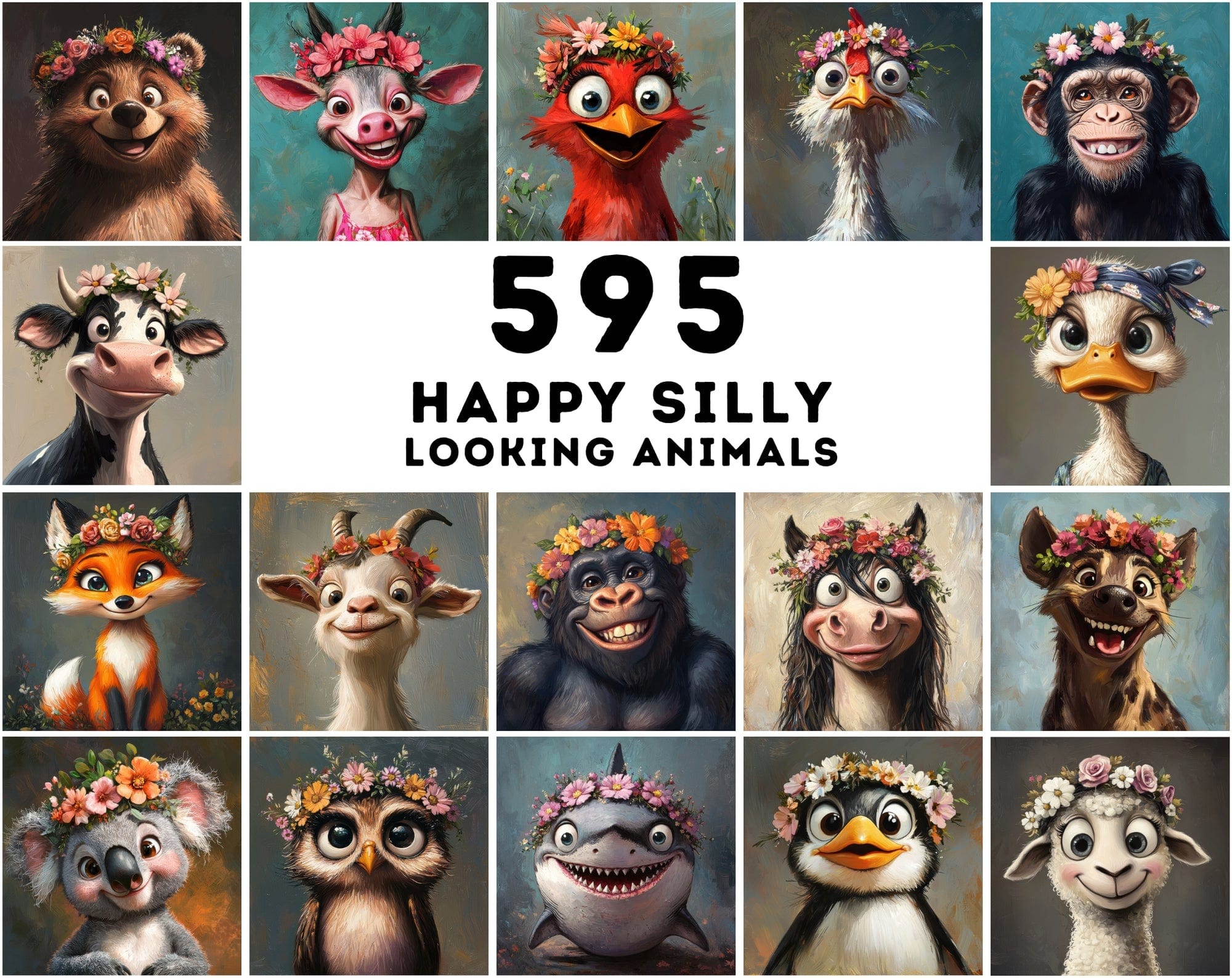 595 Charming Animal Characters: High-Res Oil Painting Style Digital Art Pack Digital Download Sumobundle