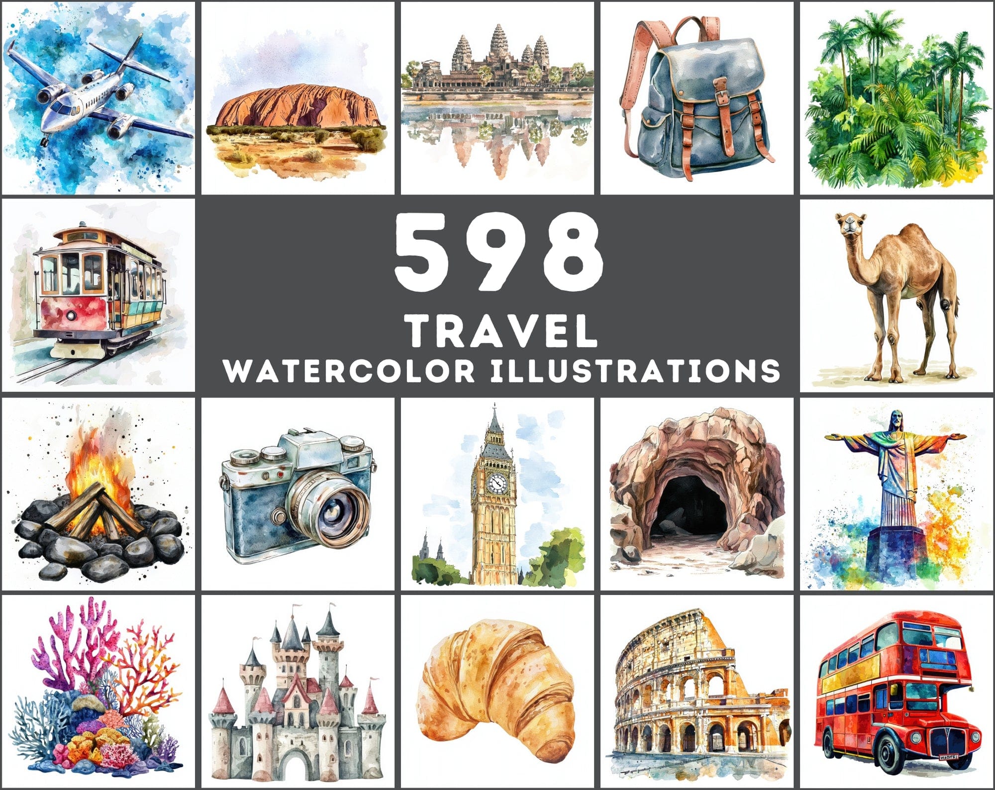 598 Travel Watercolor Illustrations | Adventure Art Pack Digital Download Sumobundle