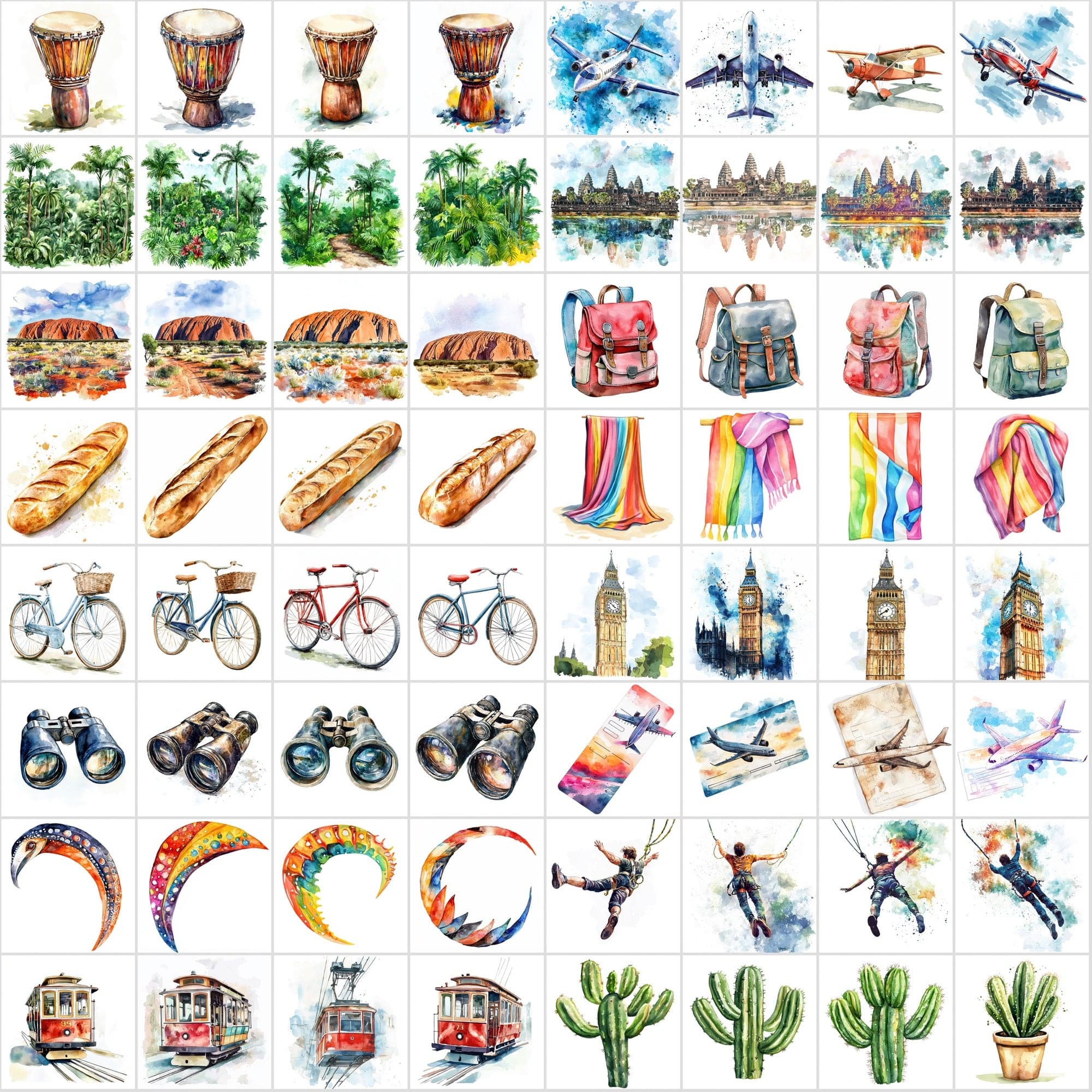 598 Travel Watercolor Illustrations | Adventure Art Pack Digital Download Sumobundle