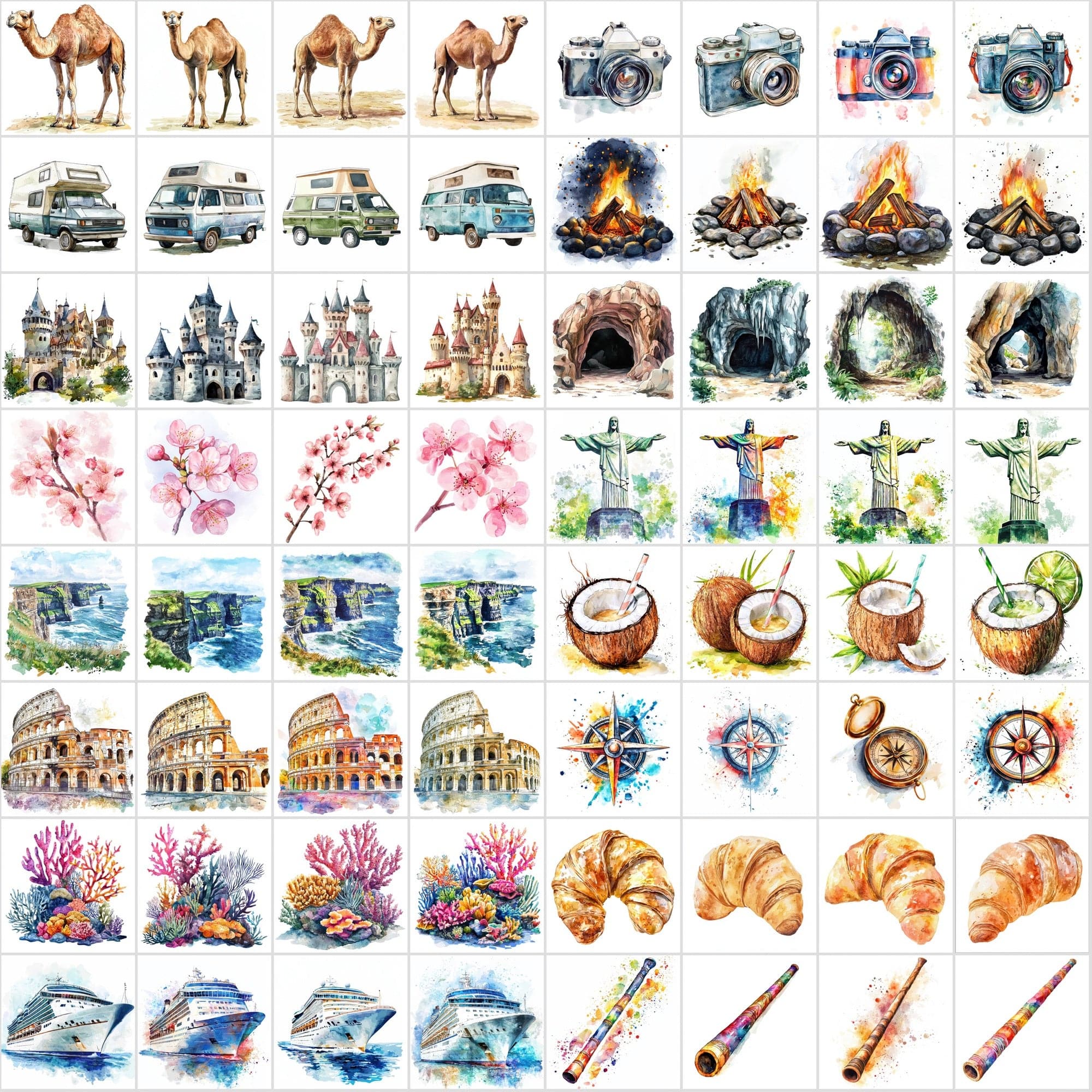 598 Travel Watercolor Illustrations | Adventure Art Pack Digital Download Sumobundle