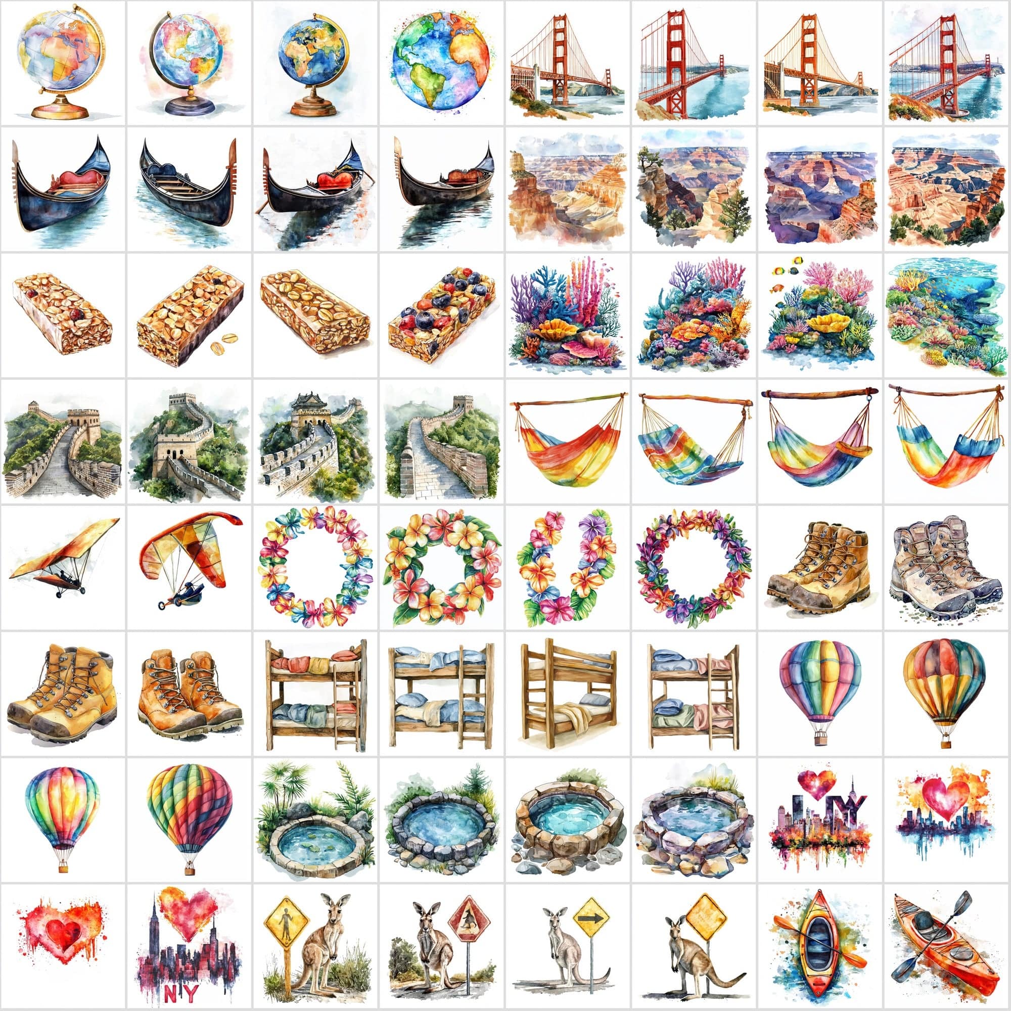 598 Travel Watercolor Illustrations | Adventure Art Pack Digital Download Sumobundle