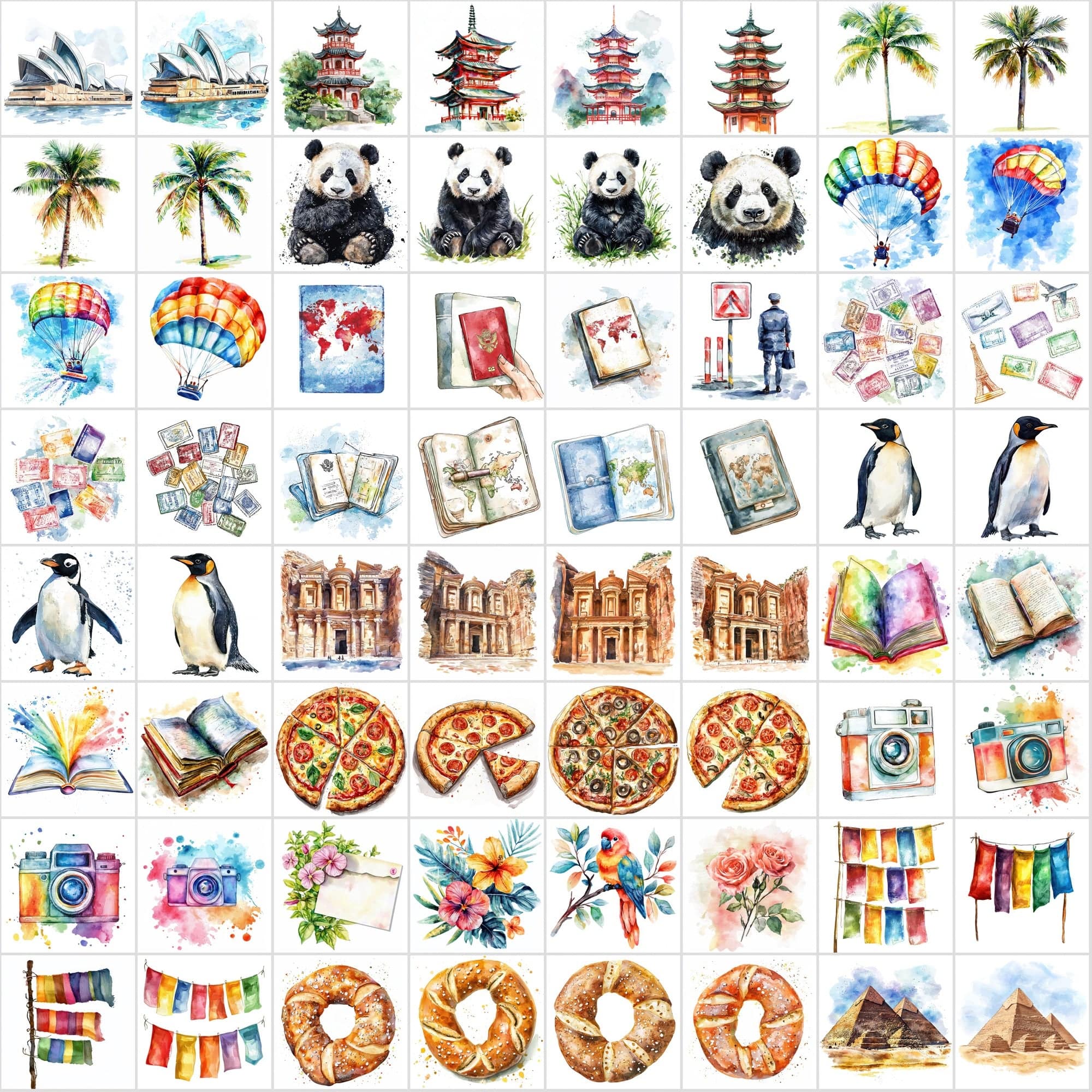 598 Travel Watercolor Illustrations | Adventure Art Pack Digital Download Sumobundle