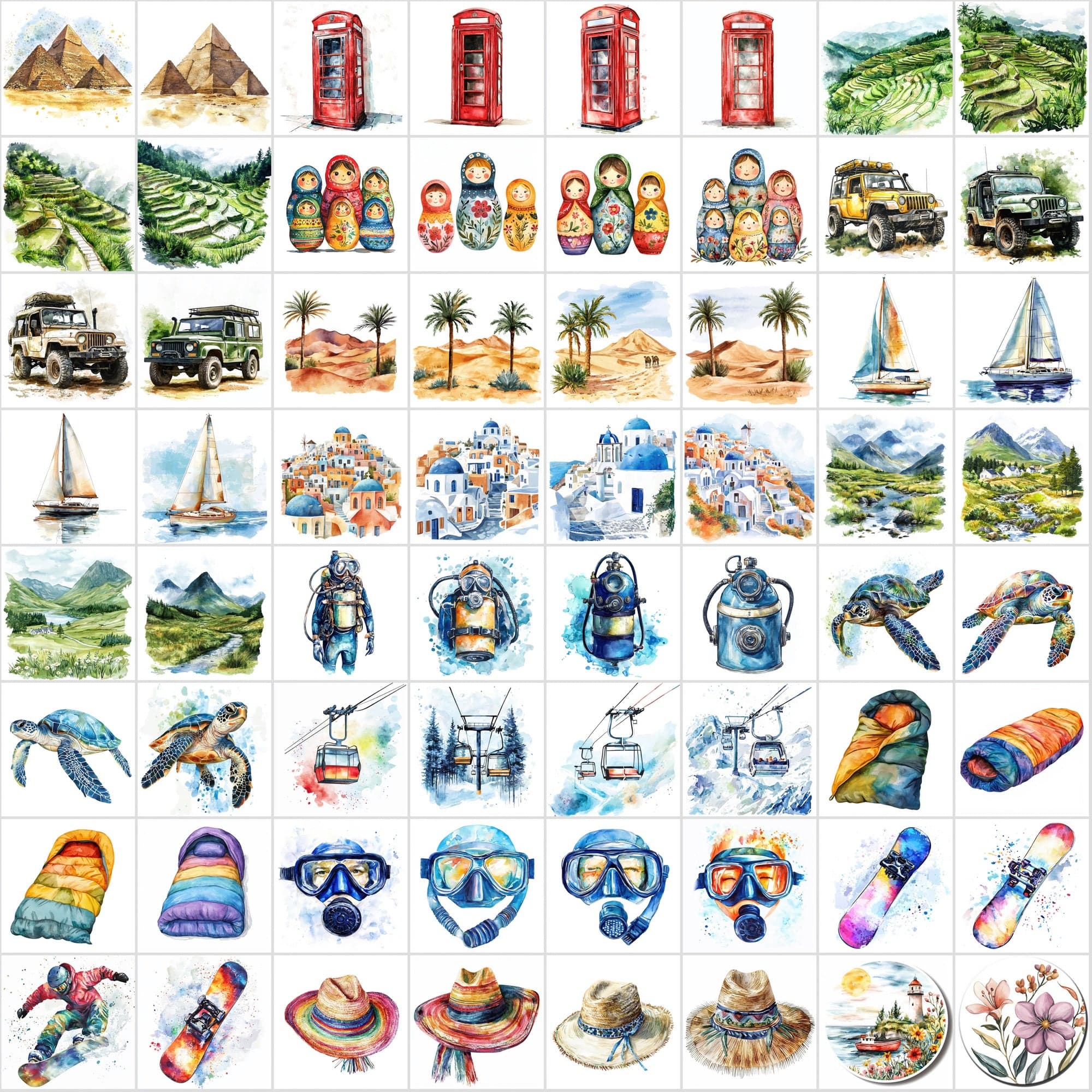 598 Travel Watercolor Illustrations | Adventure Art Pack Digital Download Sumobundle