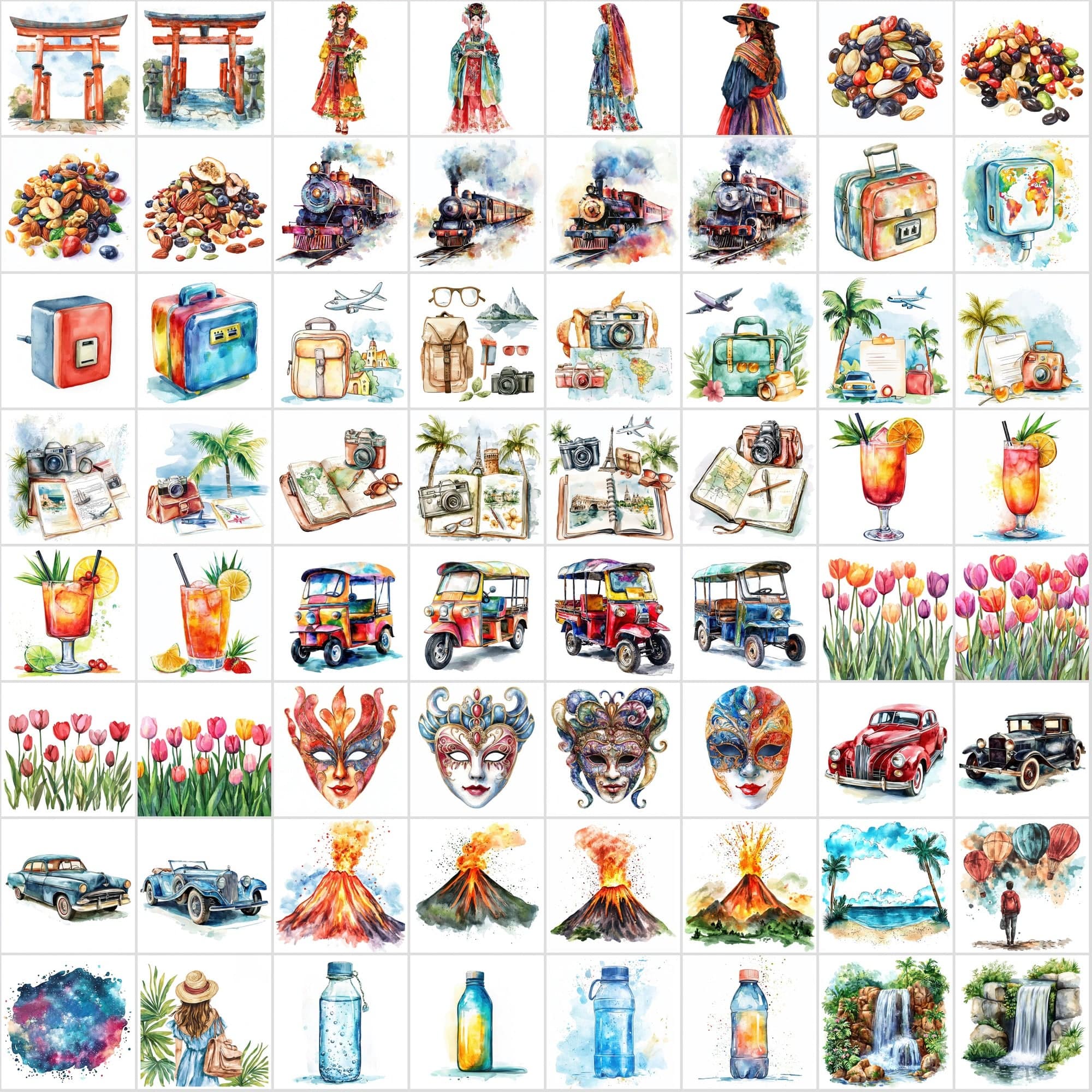 598 Travel Watercolor Illustrations | Adventure Art Pack Digital Download Sumobundle