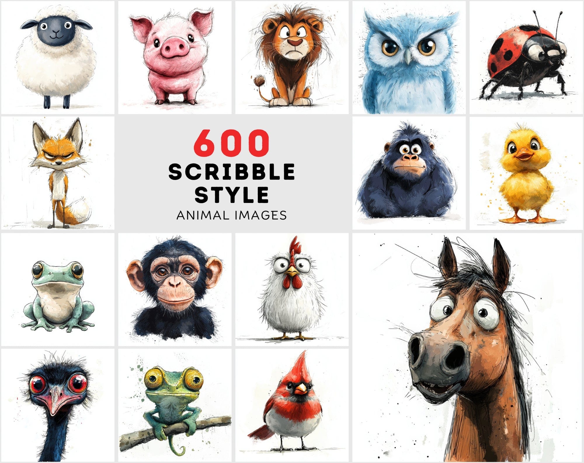 600 Animal Clipart Scribble-Style with Commercial License Digital Download Sumobundle