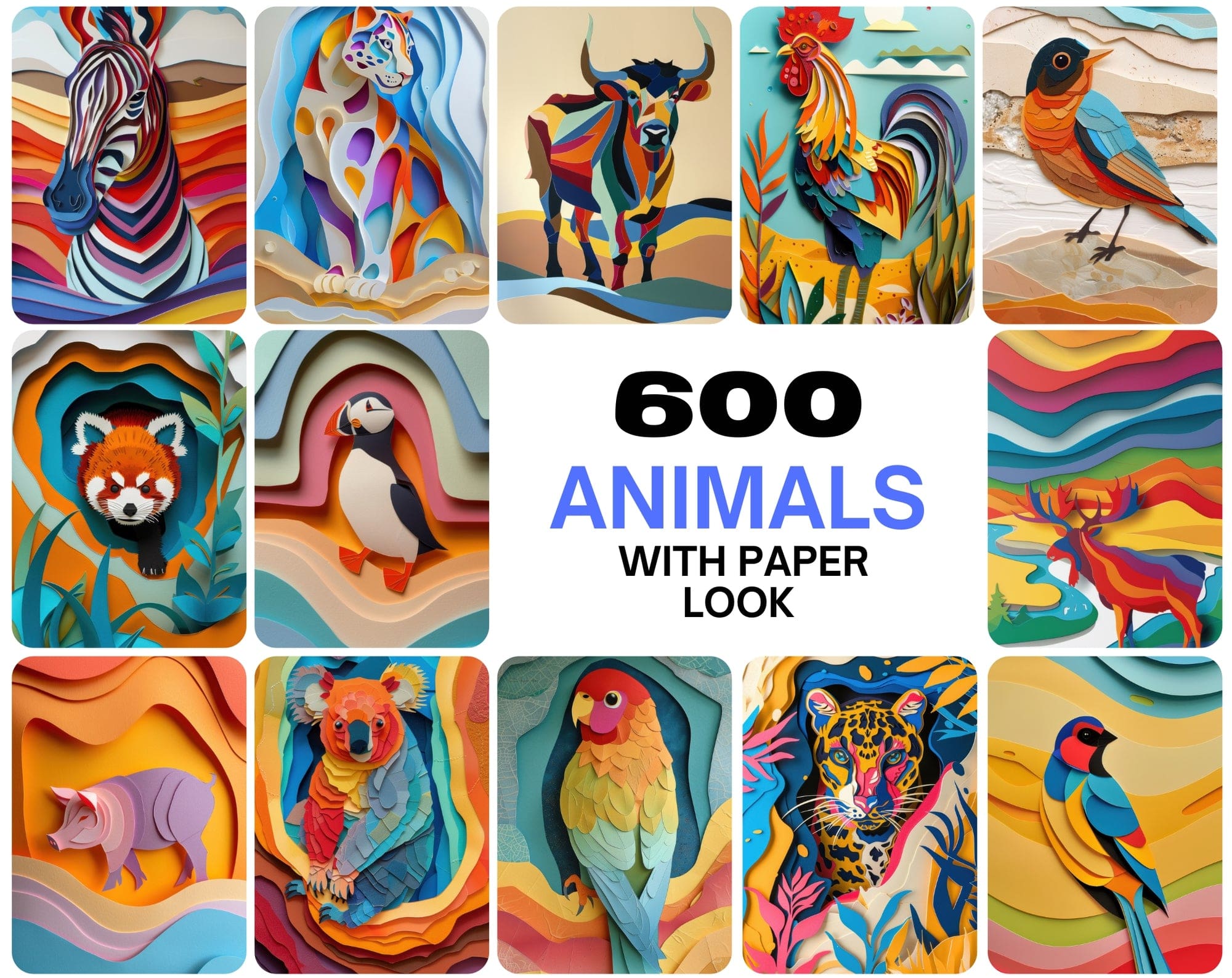 600 Colorful Animal Images with Paper Cut Look Digital Download Sumobundle