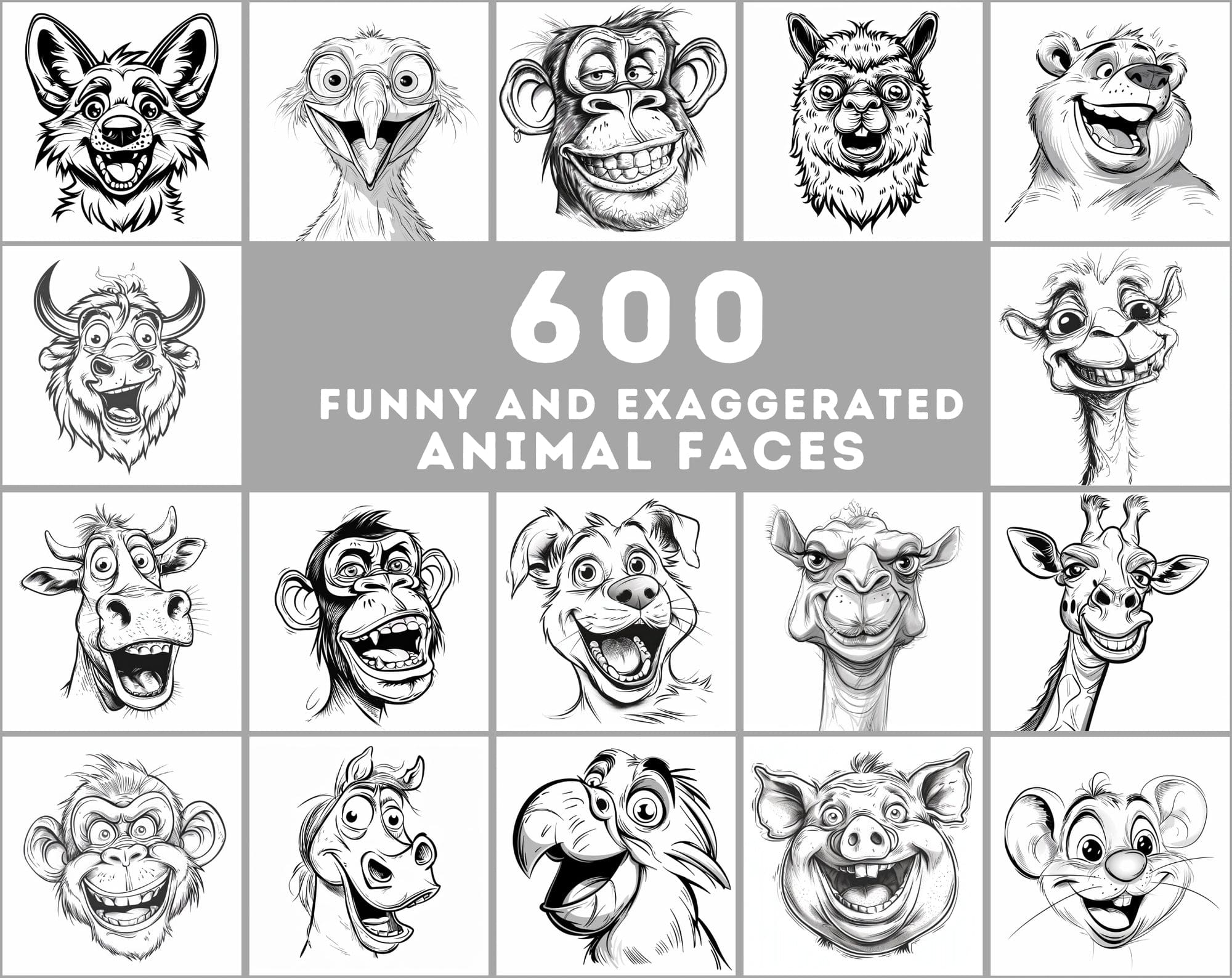 600 Exaggerated Animal Faces Coloring Book Images Digital Download Sumobundle