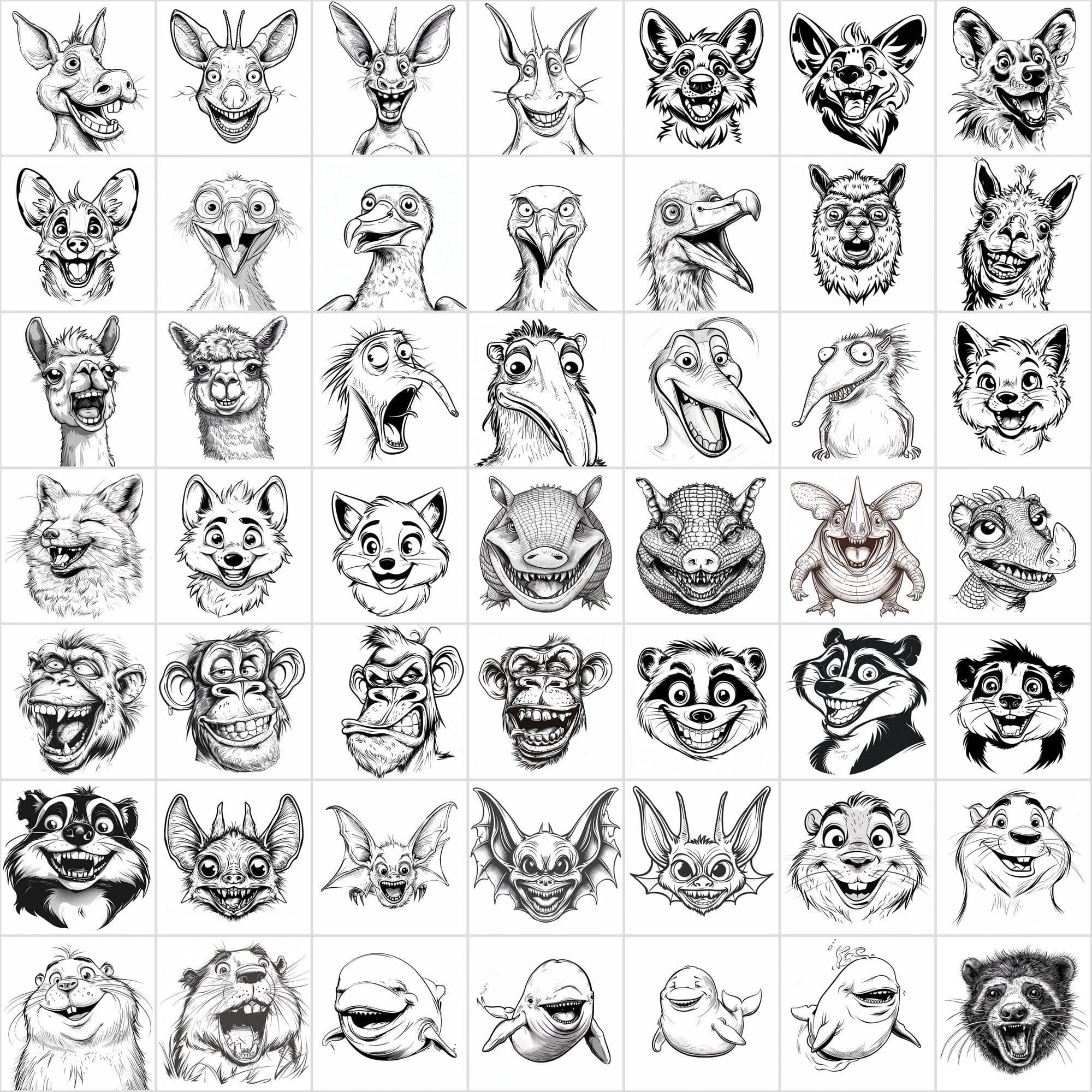 600 Exaggerated Animal Faces Coloring Book Images Digital Download Sumobundle