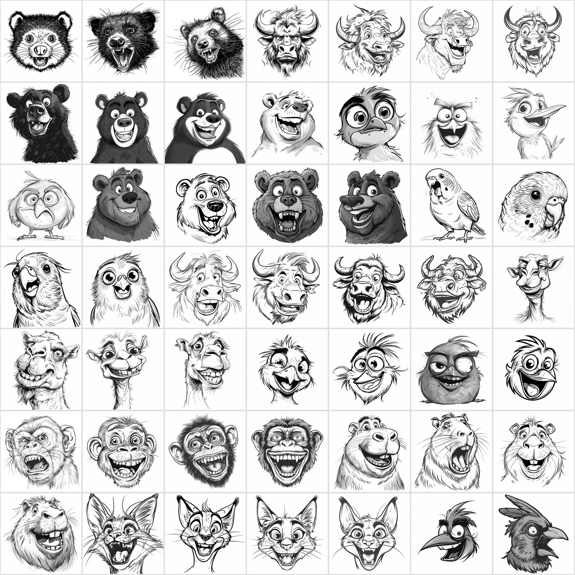 600 Exaggerated Animal Faces Coloring Book Images Digital Download Sumobundle