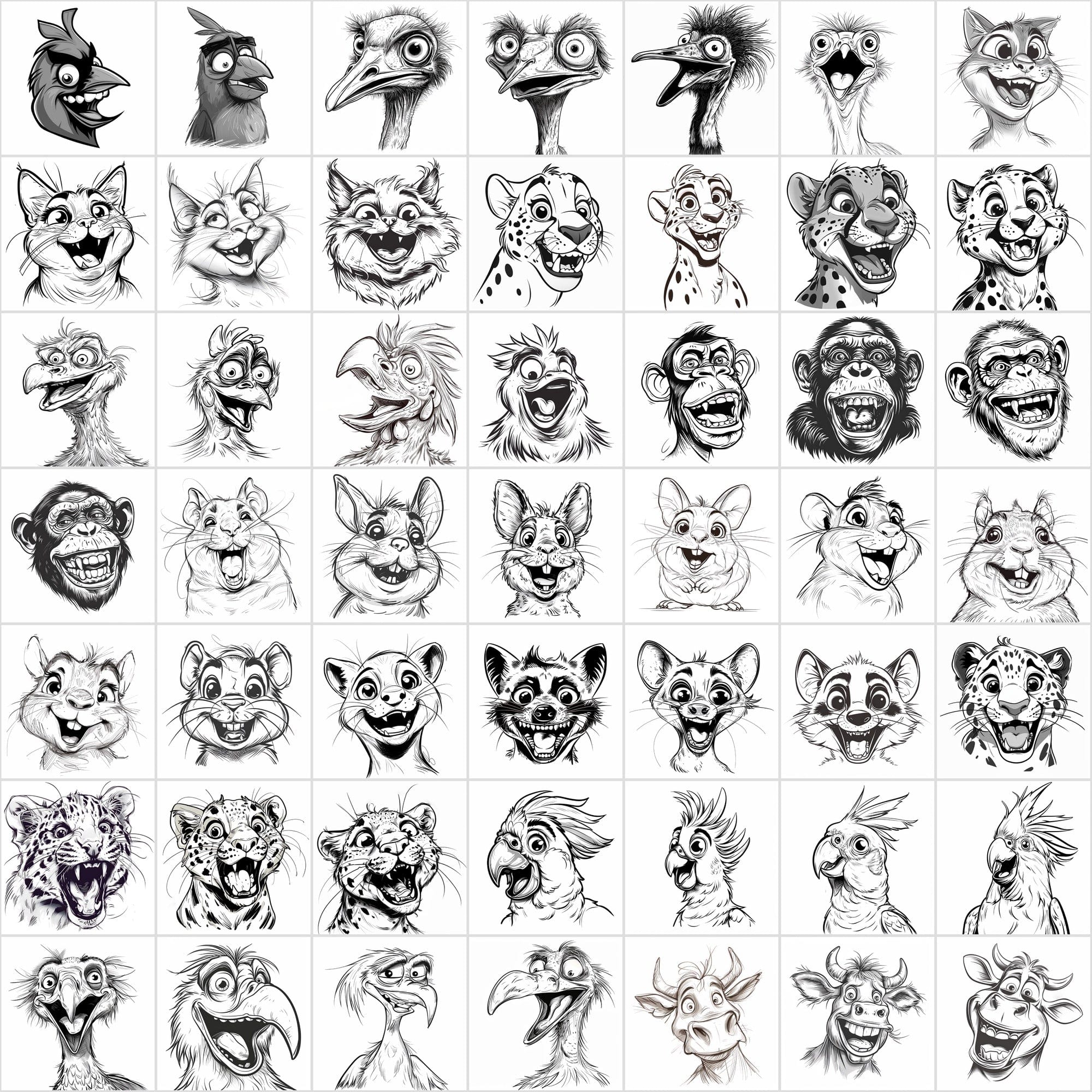 600 Exaggerated Animal Faces Coloring Book Images Digital Download Sumobundle