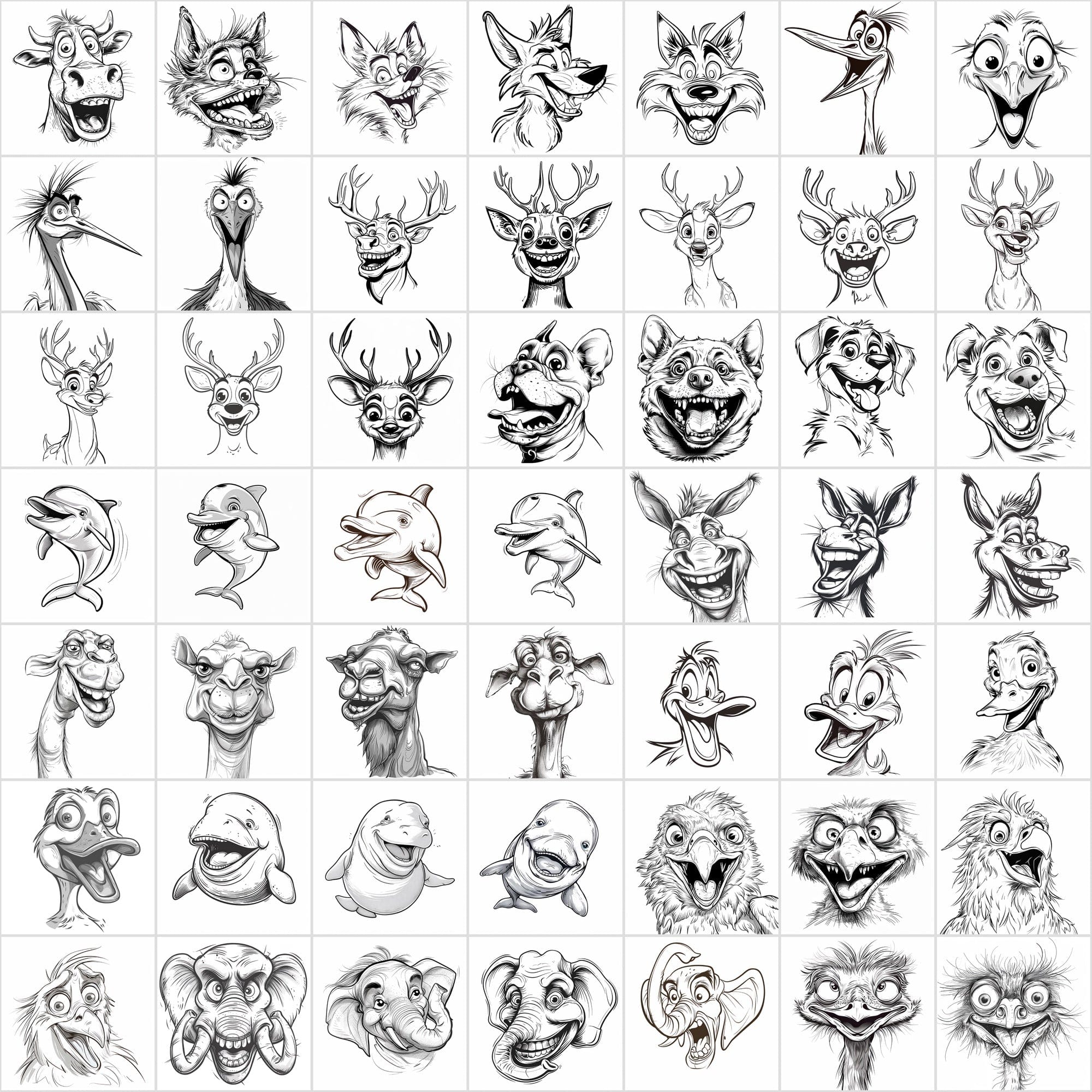 600 Exaggerated Animal Faces Coloring Book Images Digital Download Sumobundle