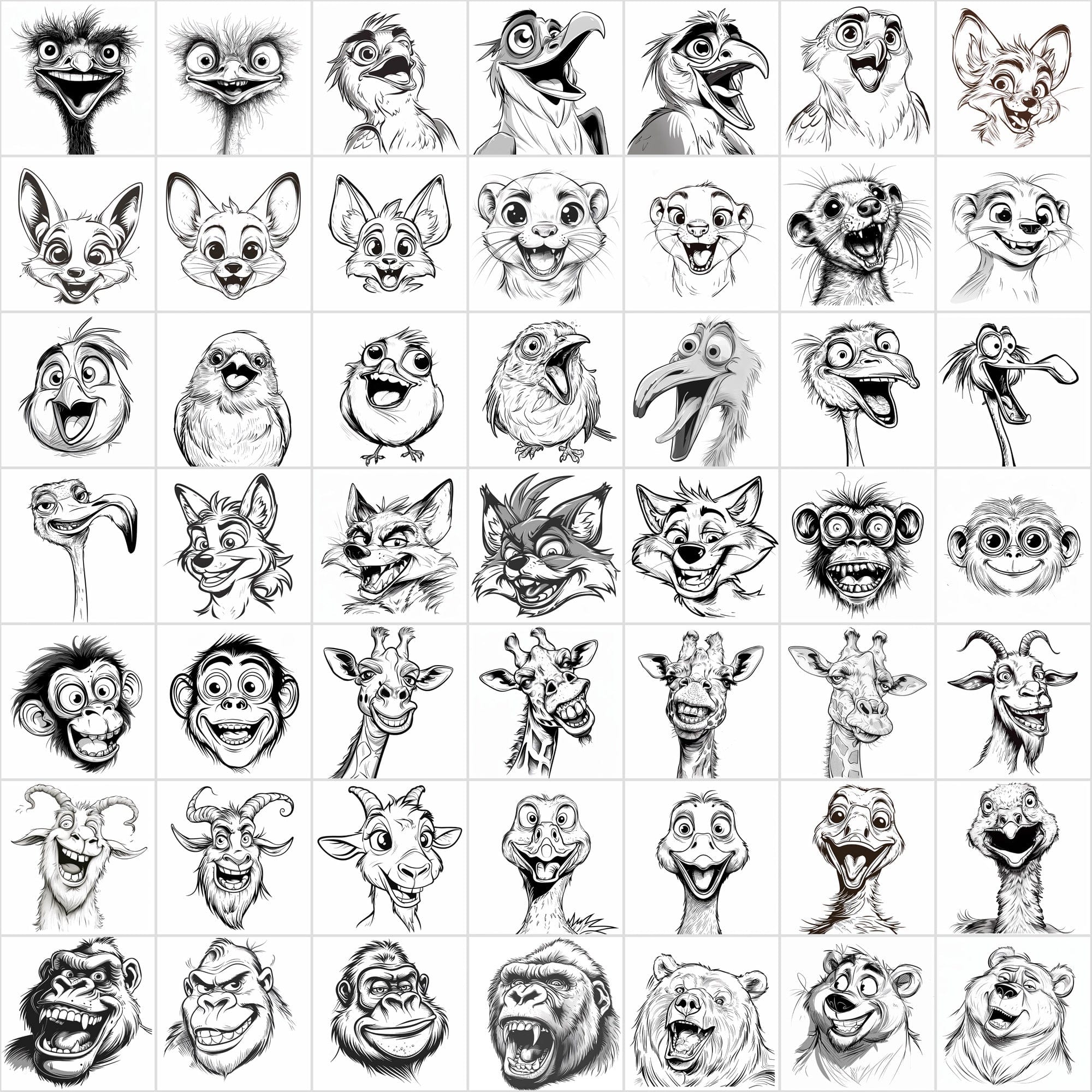 600 Exaggerated Animal Faces Coloring Book Images Digital Download Sumobundle