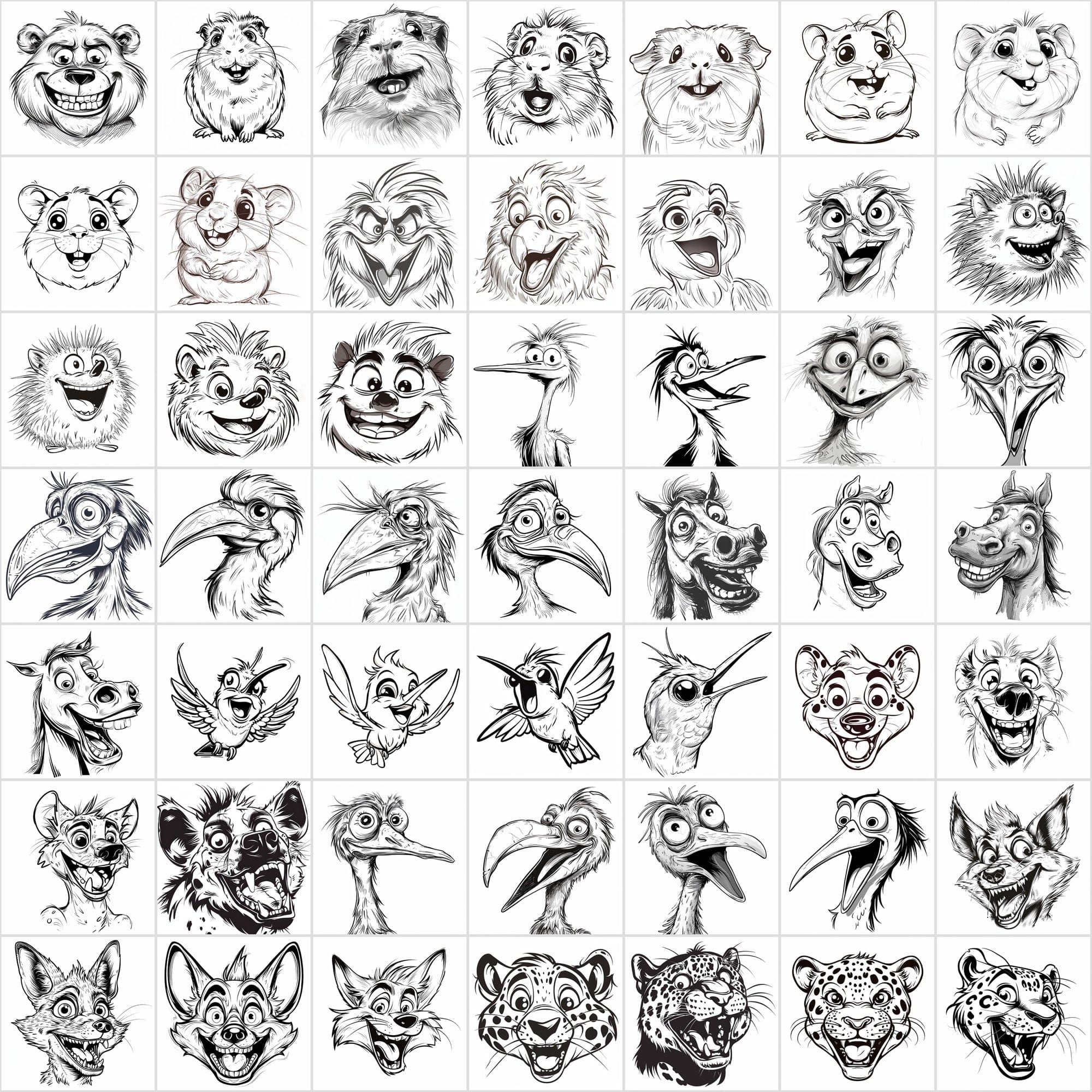 600 Exaggerated Animal Faces Coloring Book Images Digital Download Sumobundle