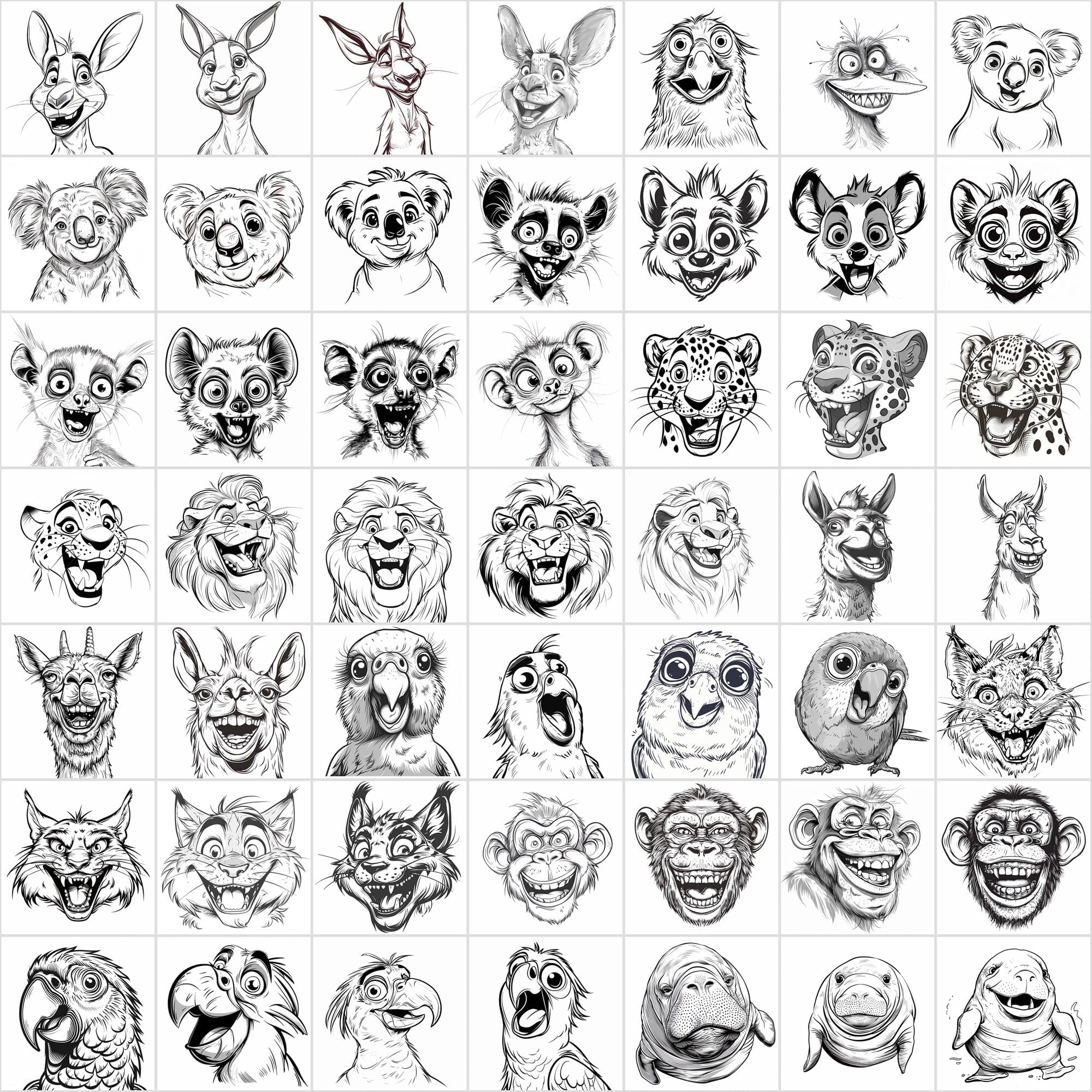 600 Exaggerated Animal Faces Coloring Book Images Digital Download Sumobundle