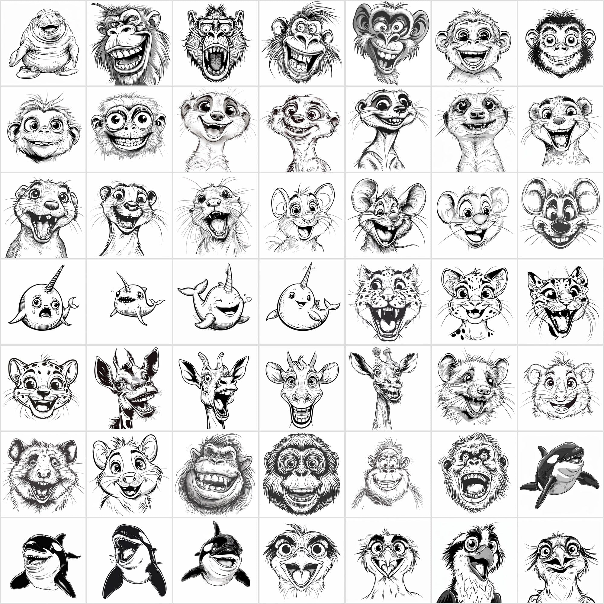 600 Exaggerated Animal Faces Coloring Book Images Digital Download Sumobundle