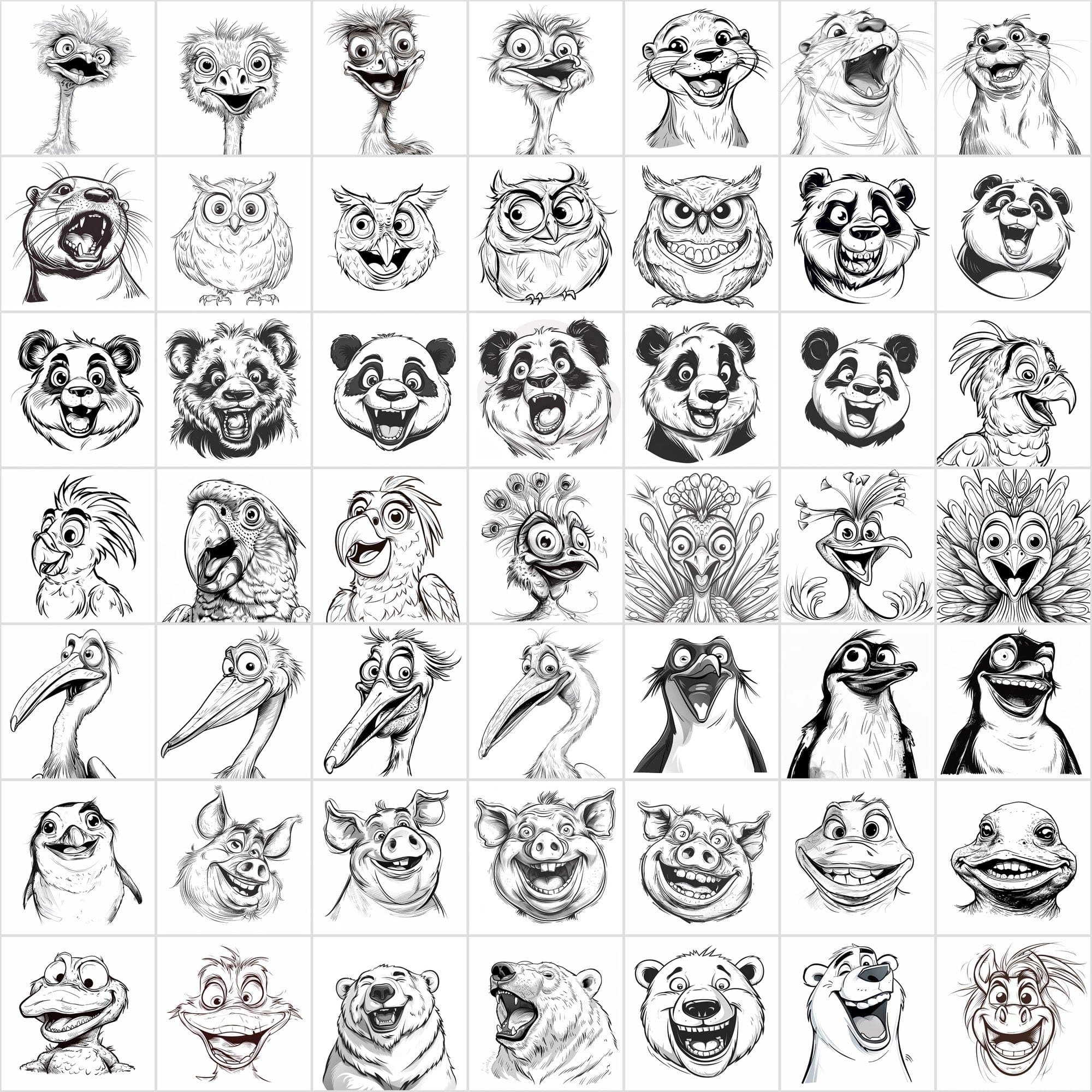 600 Exaggerated Animal Faces Coloring Book Images Digital Download Sumobundle