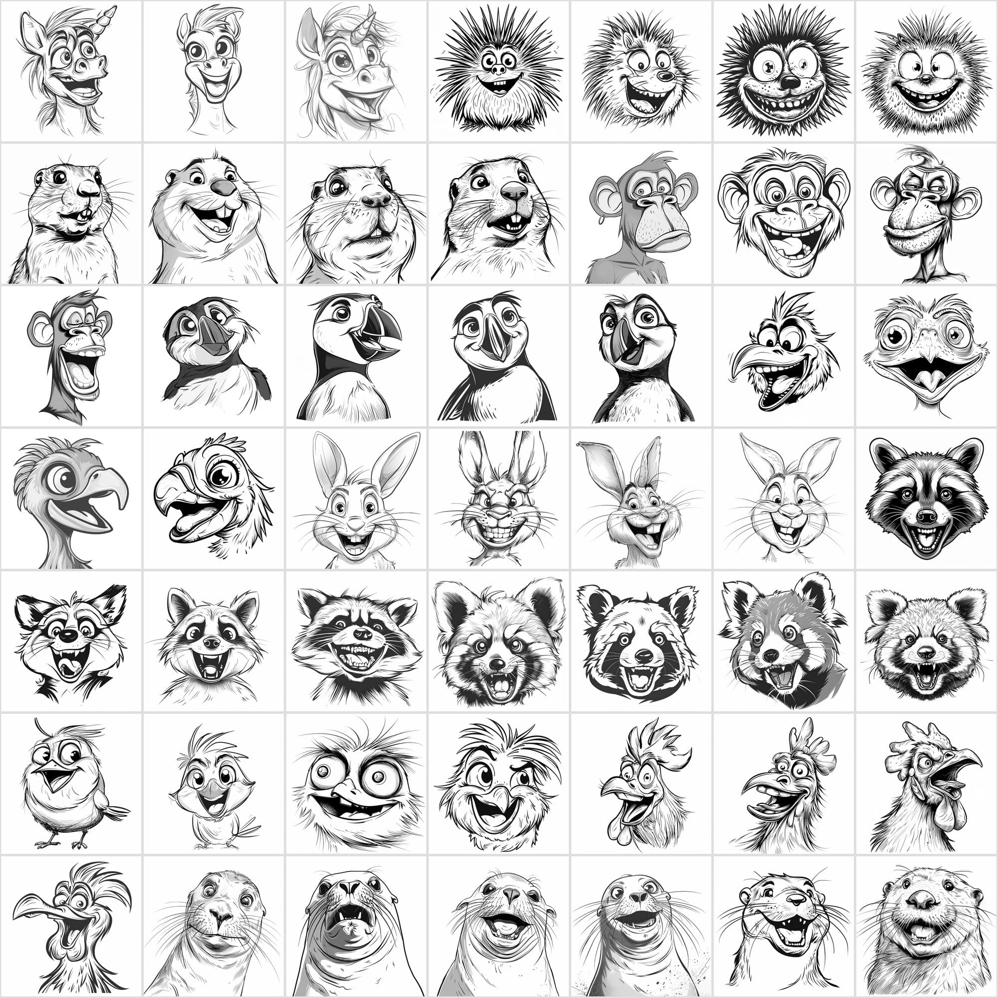 600 Exaggerated Animal Faces Coloring Book Images Digital Download Sumobundle