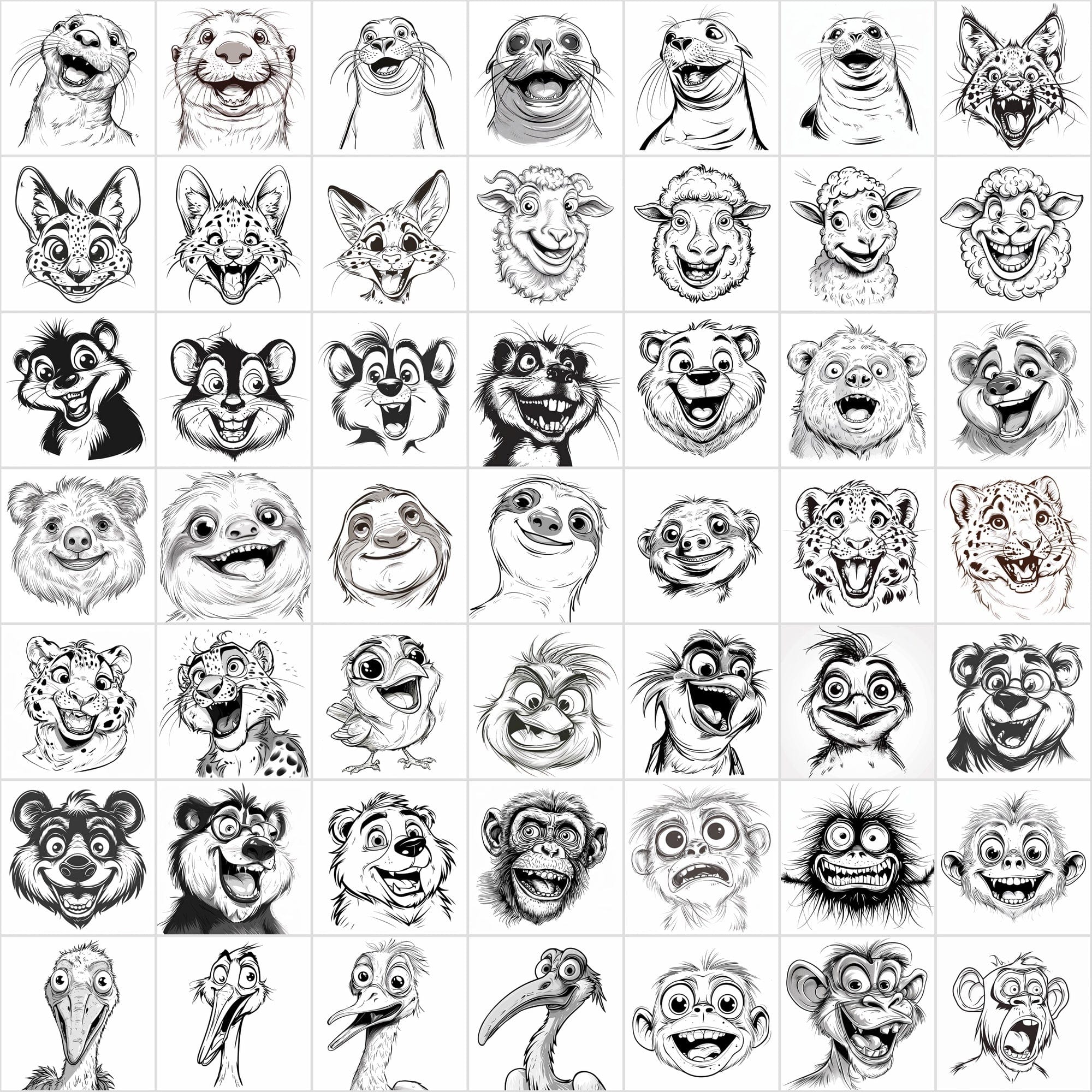 600 Exaggerated Animal Faces Coloring Book Images Digital Download Sumobundle