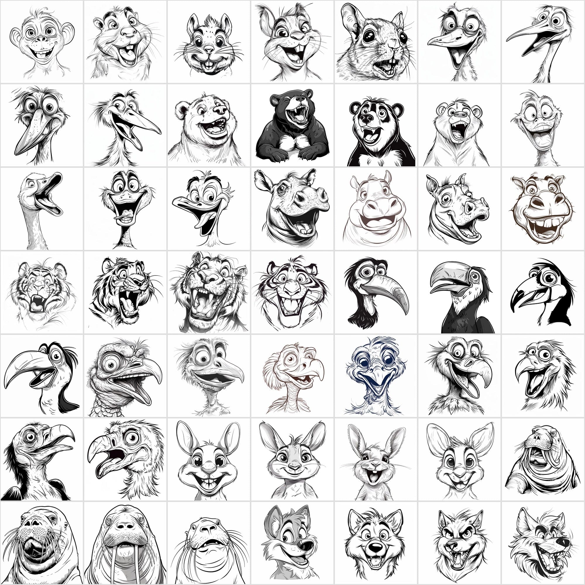 600 Exaggerated Animal Faces Coloring Book Images Digital Download Sumobundle