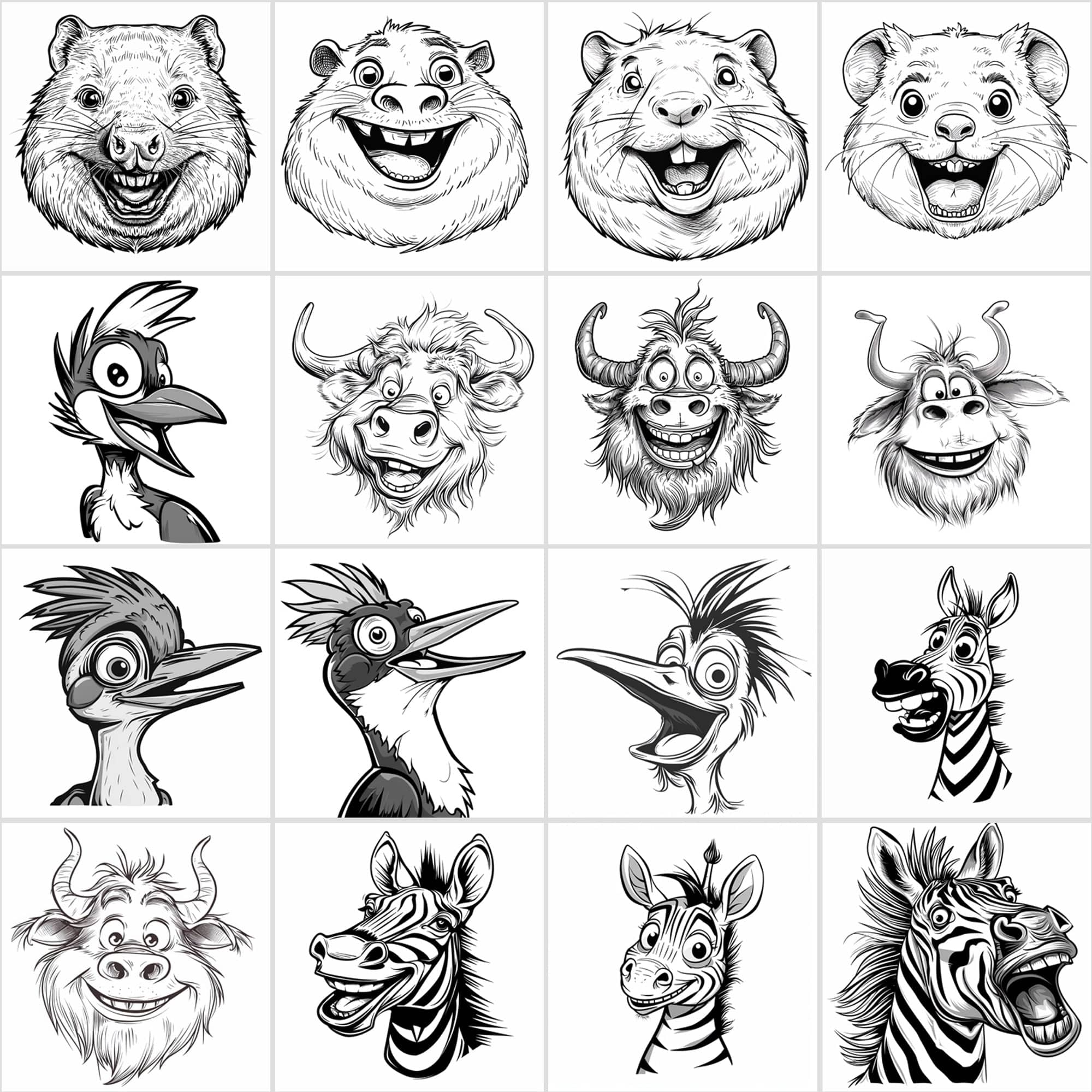 600 Exaggerated Animal Faces Coloring Book Images Digital Download Sumobundle