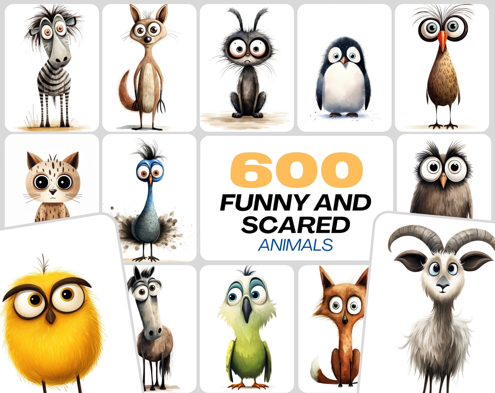 600 Scared & Funny Animals PNG Clipart Set, High-Resolution Commercial Use Graphics with Transparent Background, Big-Eyed Wonder Animals Digital Download Sumobundle