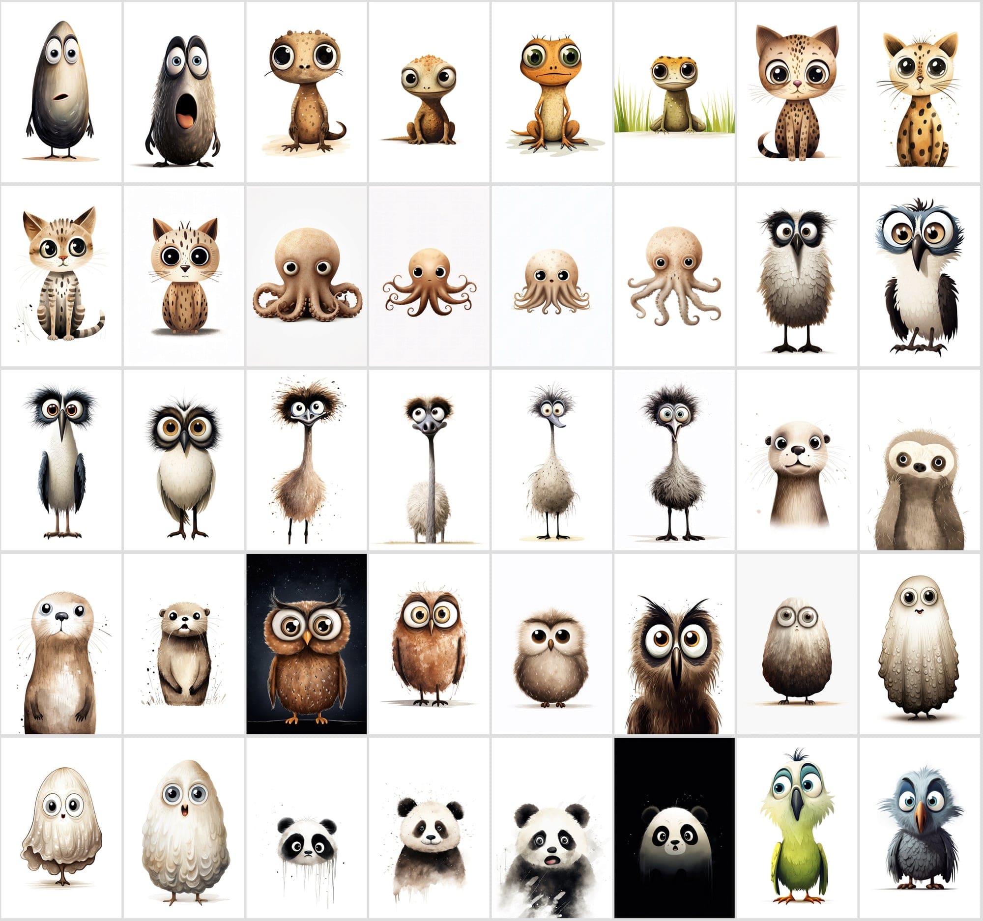 600 Scared & Funny Animals PNG Clipart Set, High-Resolution Commercial Use Graphics with Transparent Background, Big-Eyed Wonder Animals Digital Download Sumobundle