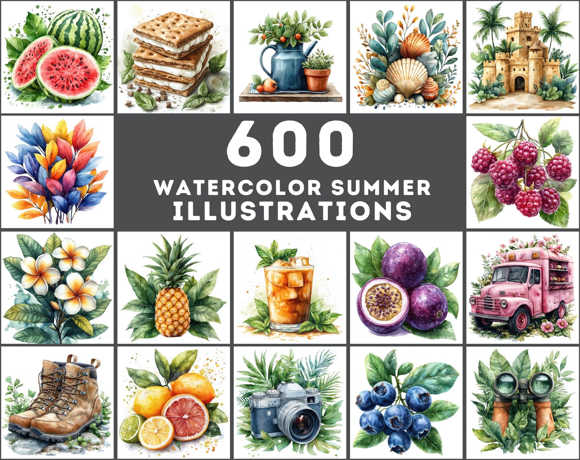 600 Vibrant Summer Watercolor Illustrations Digital Download Sumobundle