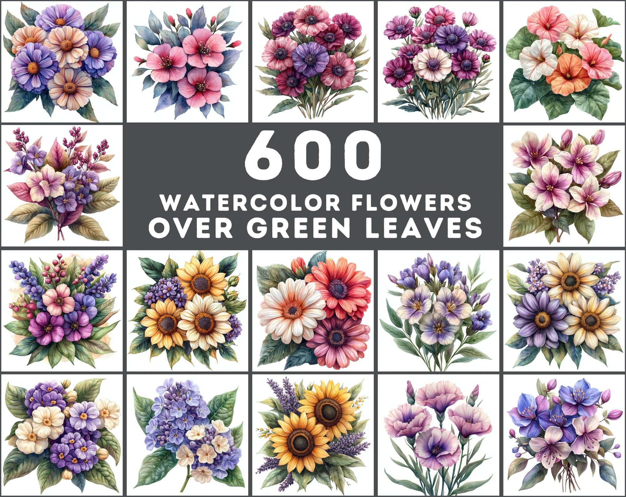 600 Vibrant Watercolor Flowers & Leaves Digital Download Sumobundle