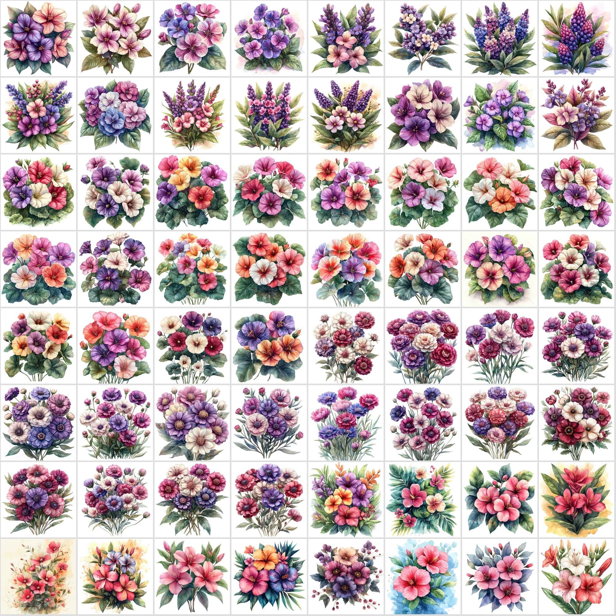 600 Vibrant Watercolor Flowers & Leaves Digital Download Sumobundle