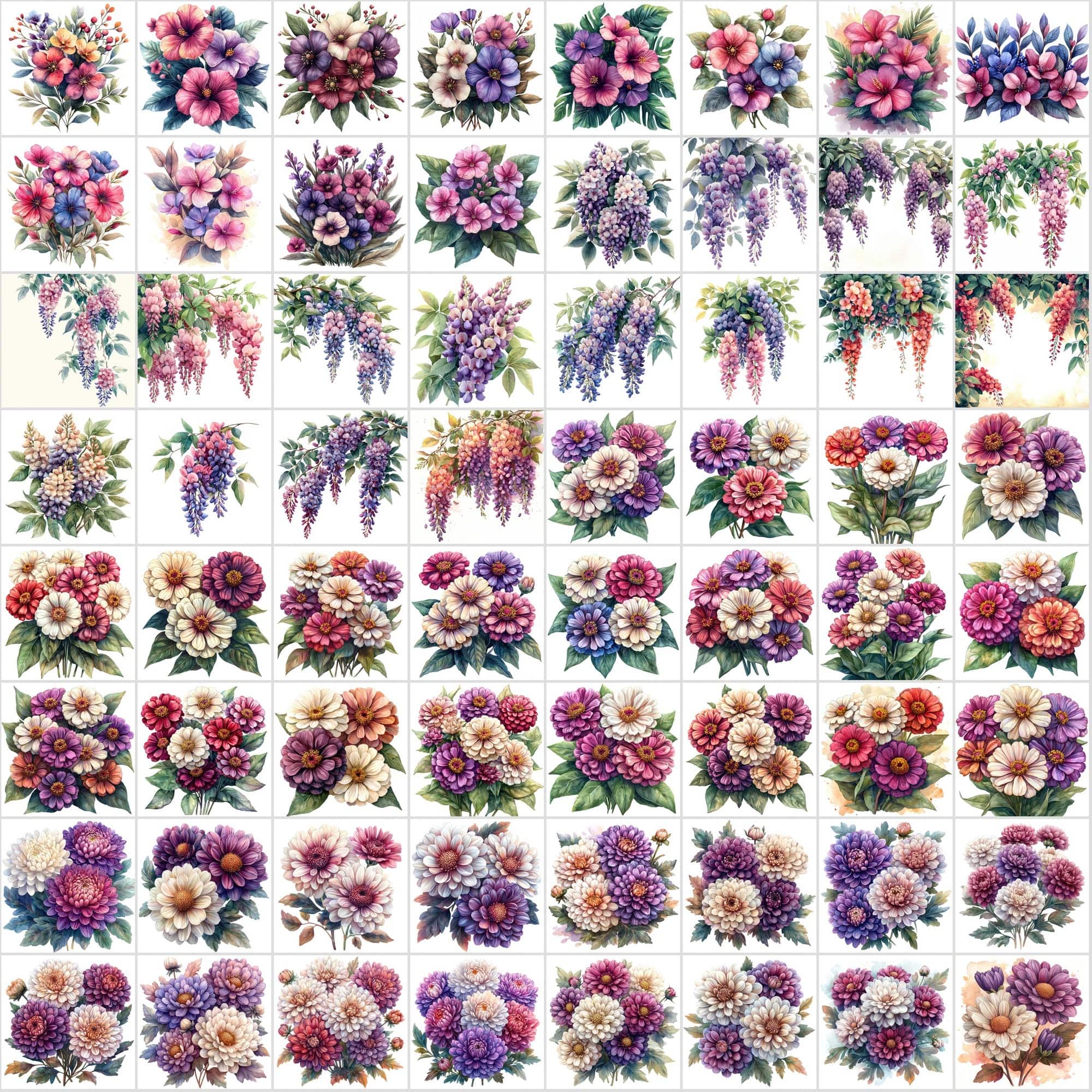 600 Vibrant Watercolor Flowers & Leaves Digital Download Sumobundle