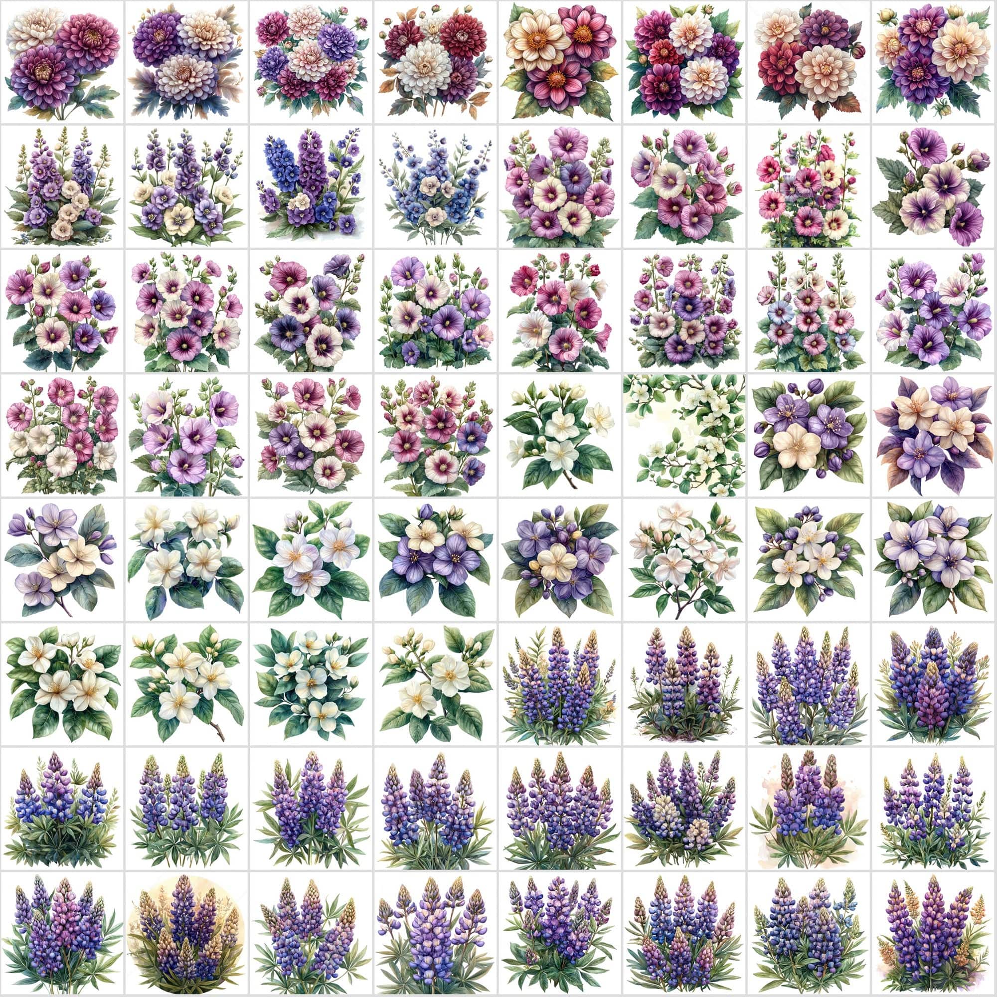 600 Vibrant Watercolor Flowers & Leaves Digital Download Sumobundle