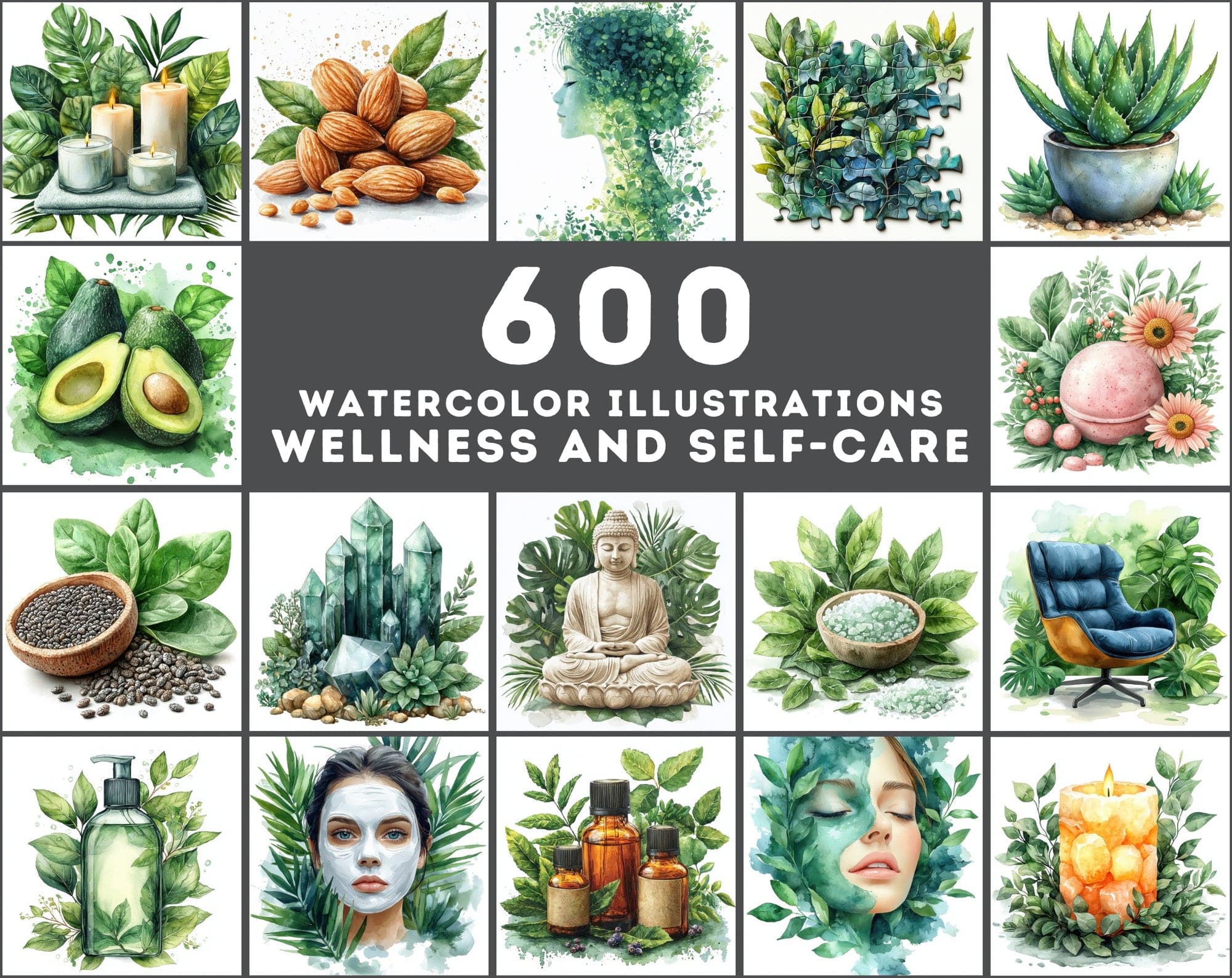 600 Watercolor Illustrations for Wellness & Self-Care - Commercial License Included Digital Download Sumobundle