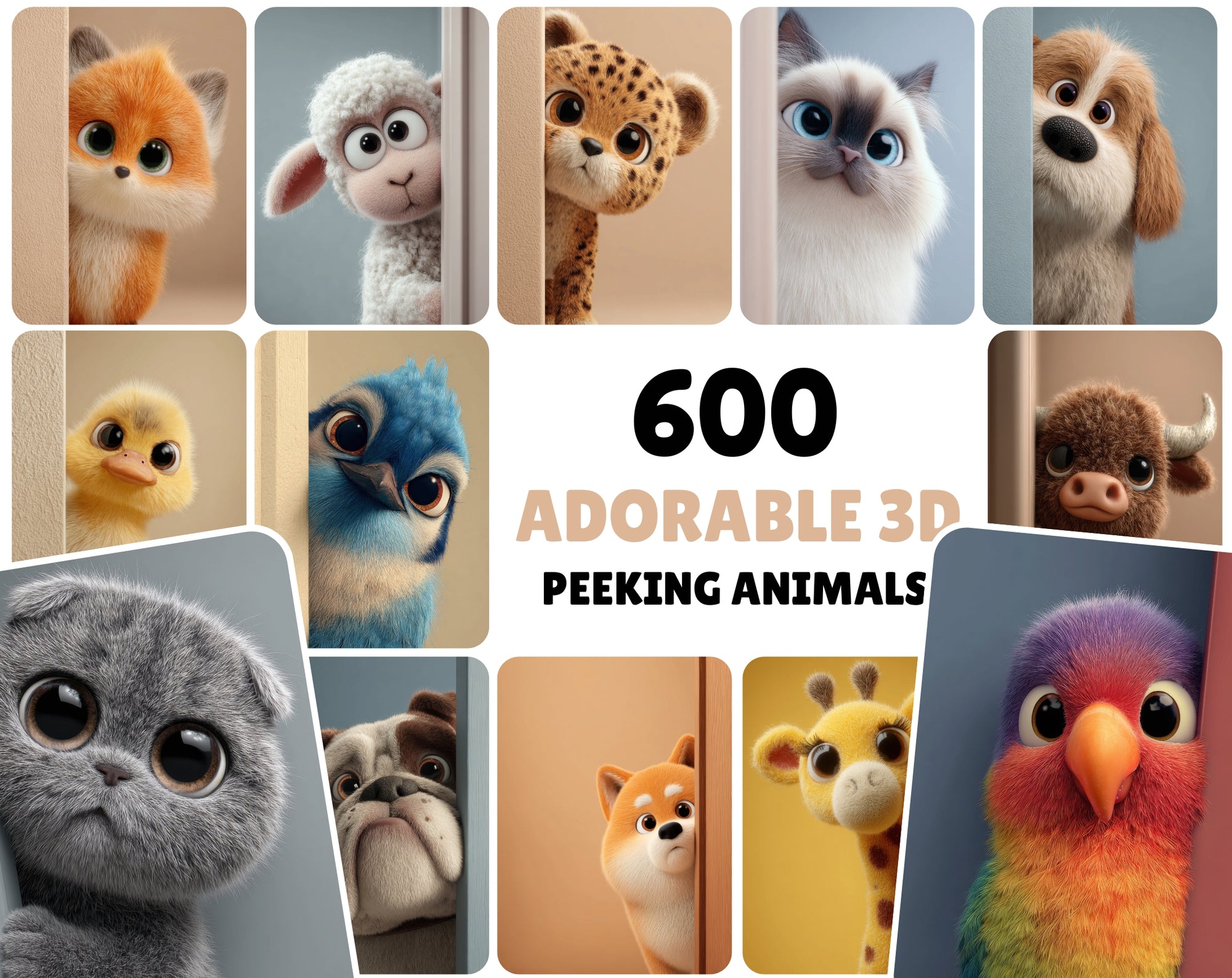 600 Cute 3D Peeking Animals Bundle | Cartoon-Style Characters