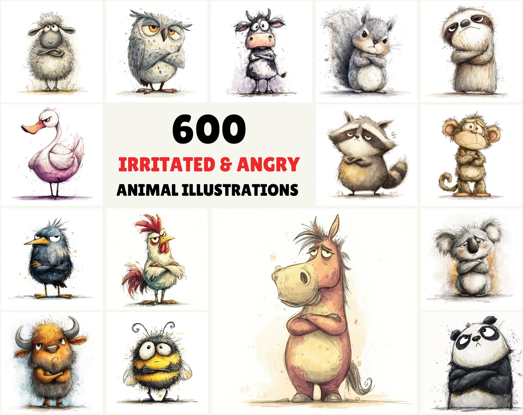 600 Irritated & Angry Cartoon Animal Illustrations – Cute Adorable Characters