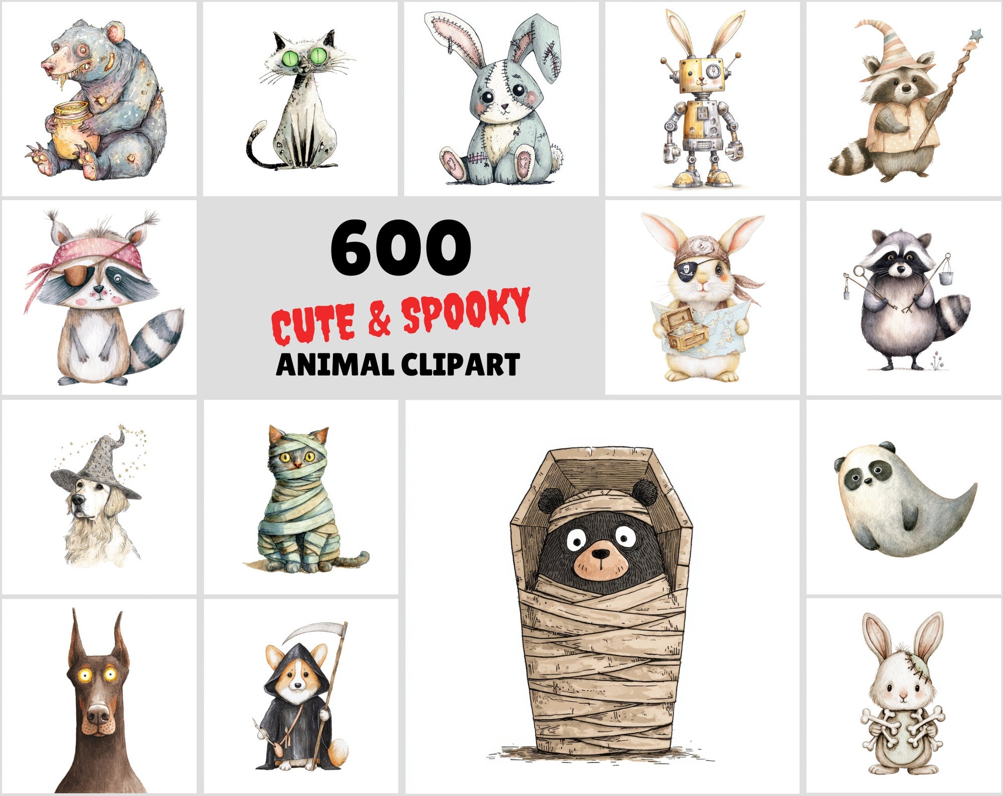 600 Cute Halloween Animal Clipart, Whimsical Spooky Critters Bundle, Watercolor Graphics, Commercial Use JPG, Digital Download