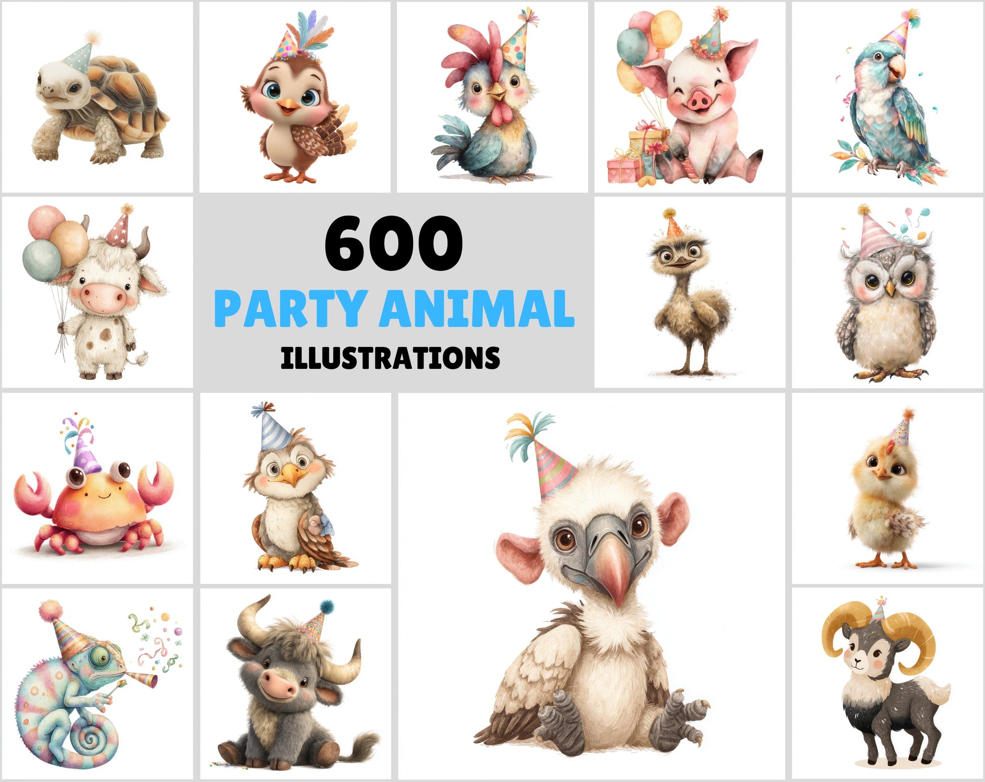 600 Cute Party Animal Clipart | Birthday Animal Illustrations | Pastel Baby Animal Graphics