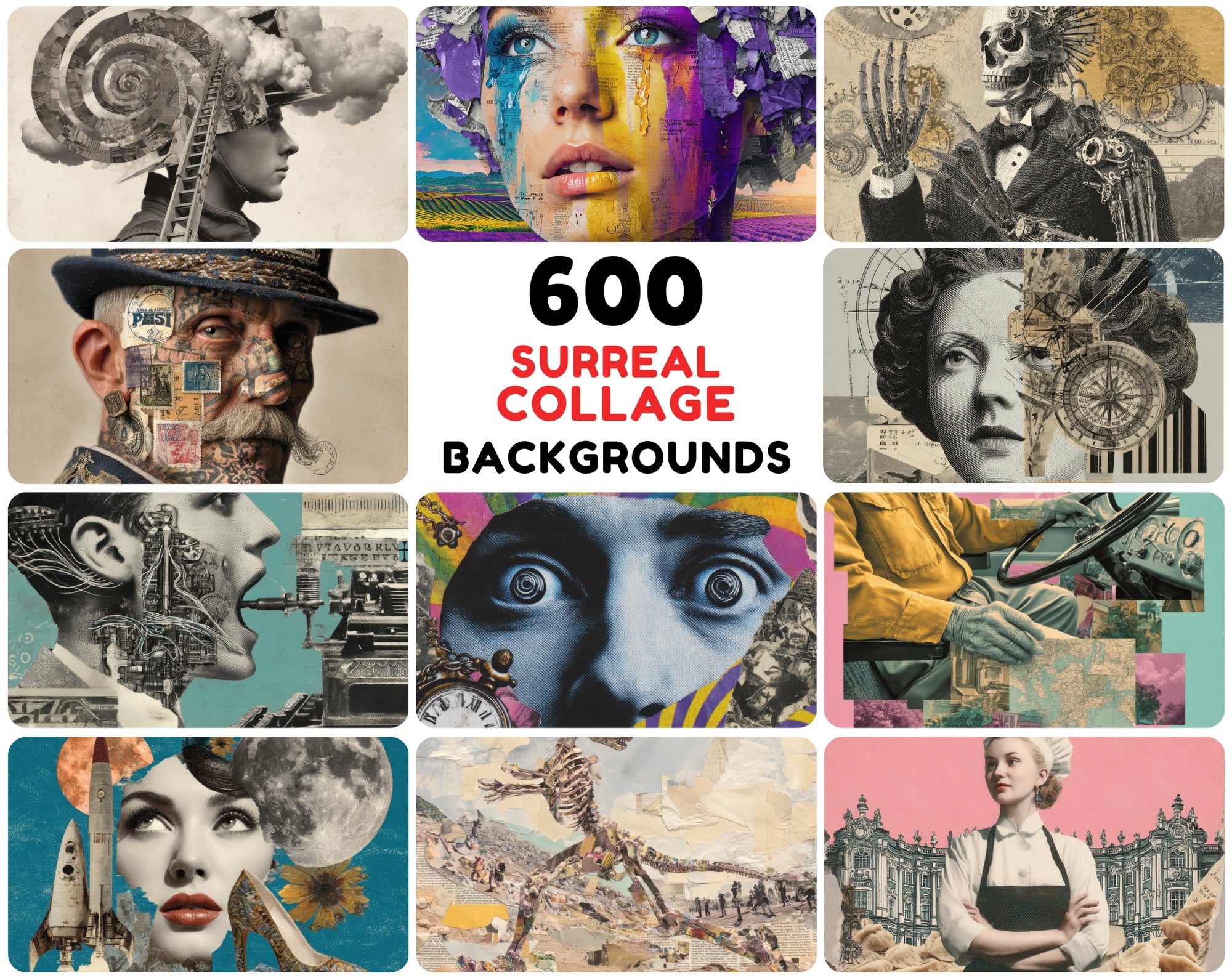 600 Surreal Collage Backgrounds JPG | Vintage Psychedelic Art with Commercial License