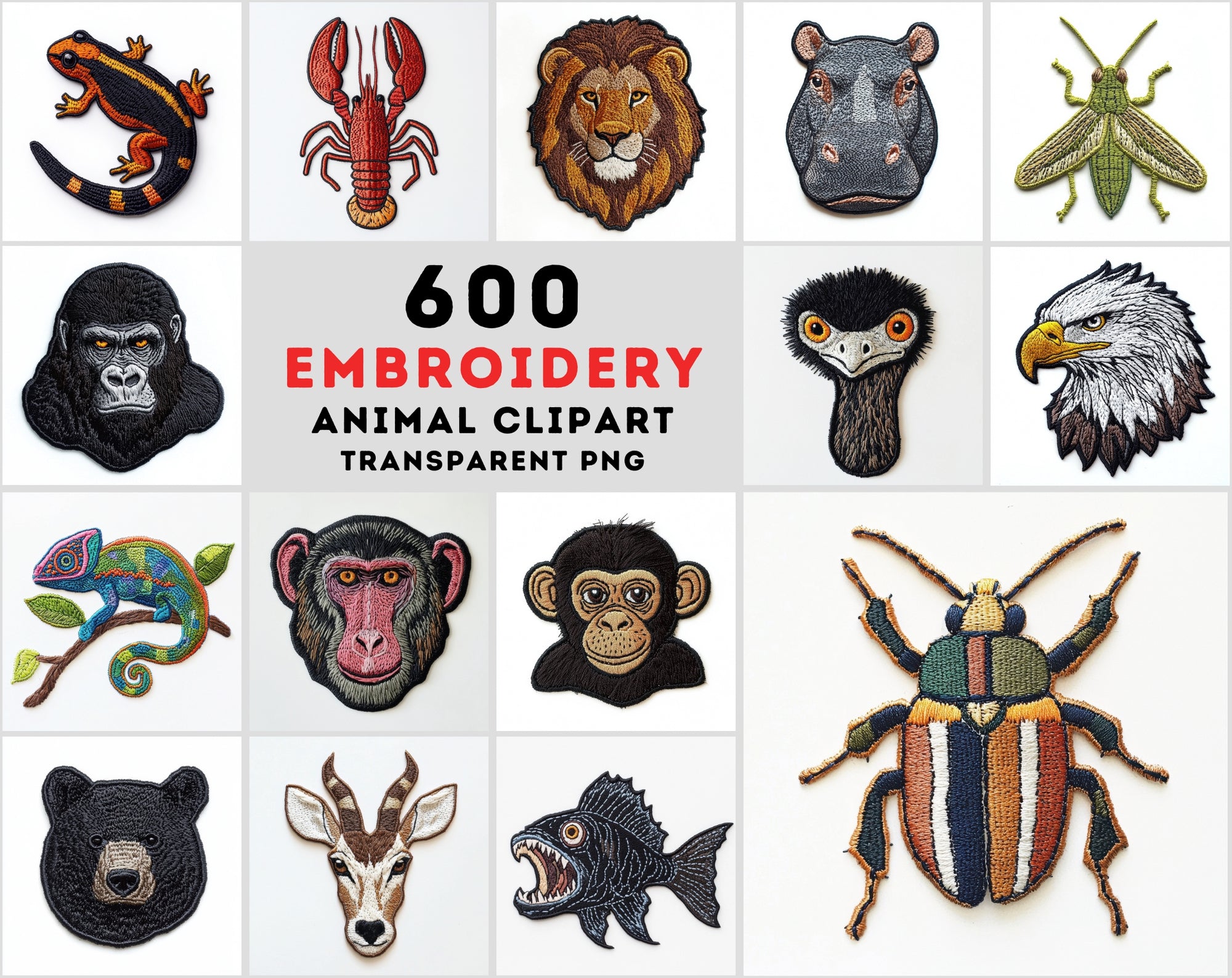 600 Transparent Animal Embroidery PNGs | Digital Appliqué Patch Cliparts