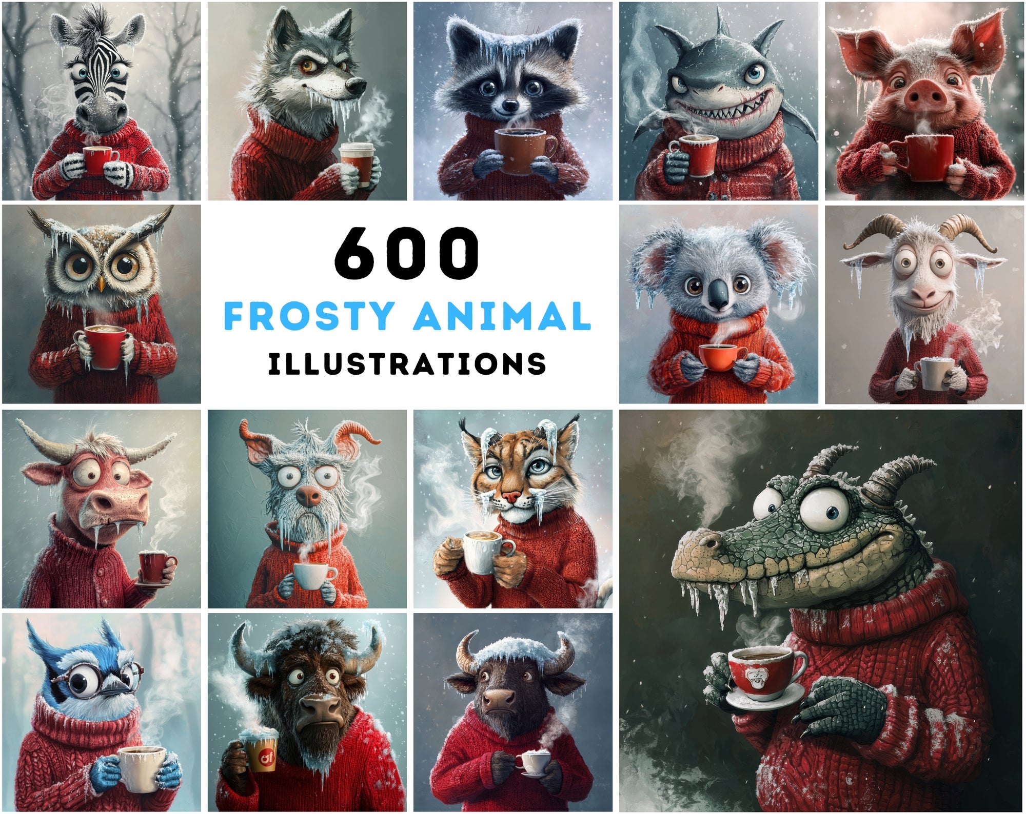 600 Whimsical Evil Winter Animal Illustrations | Cozy Icy Creatures