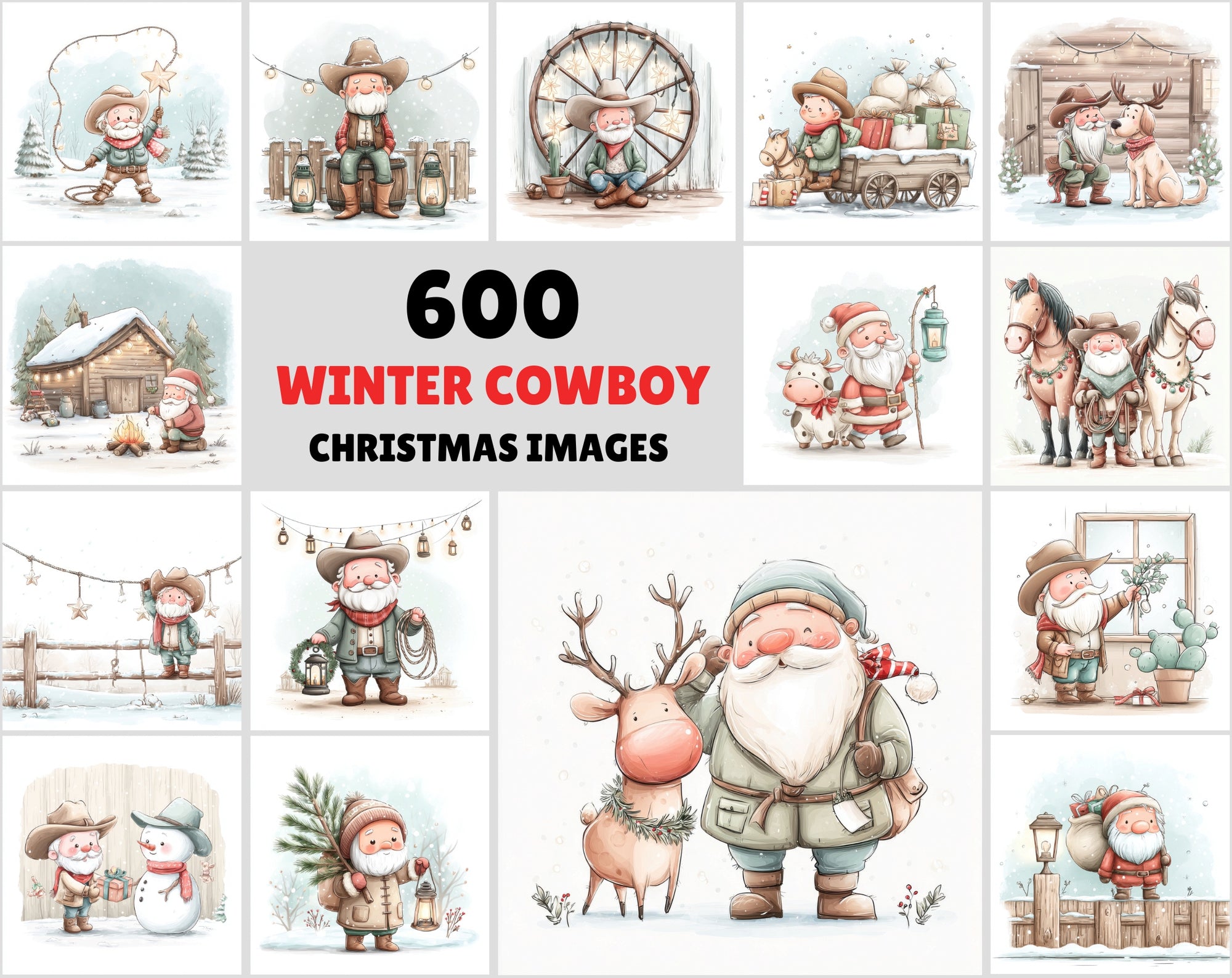 600 Winter Cowboy Christmas Images – Cozy Western Holiday Art, Santa & Cowgirl Scenes, Rustic Ranch Aesthetic, Commercial Use JPG