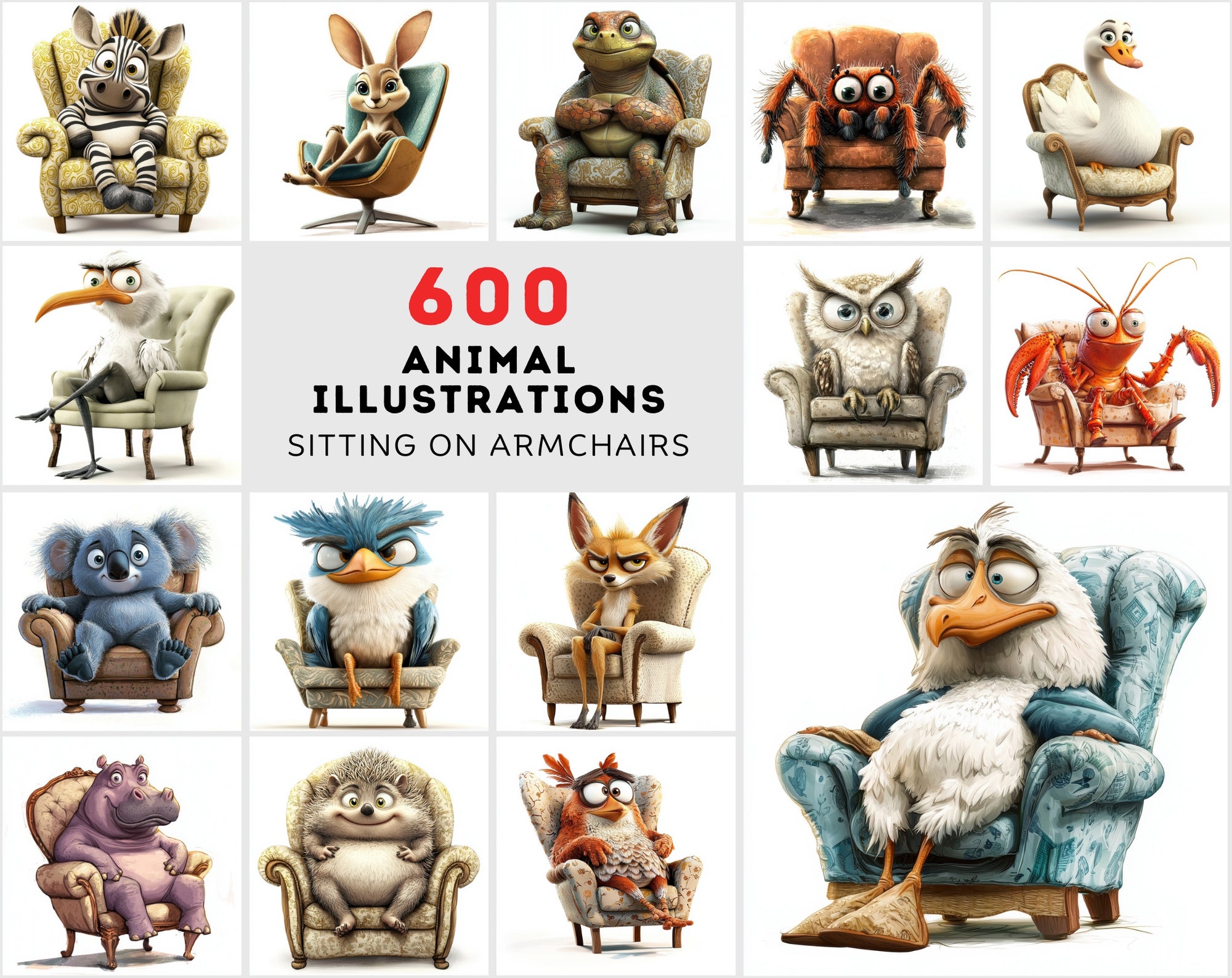 600 Fun Animal Illustrations Sitting on Armchairs