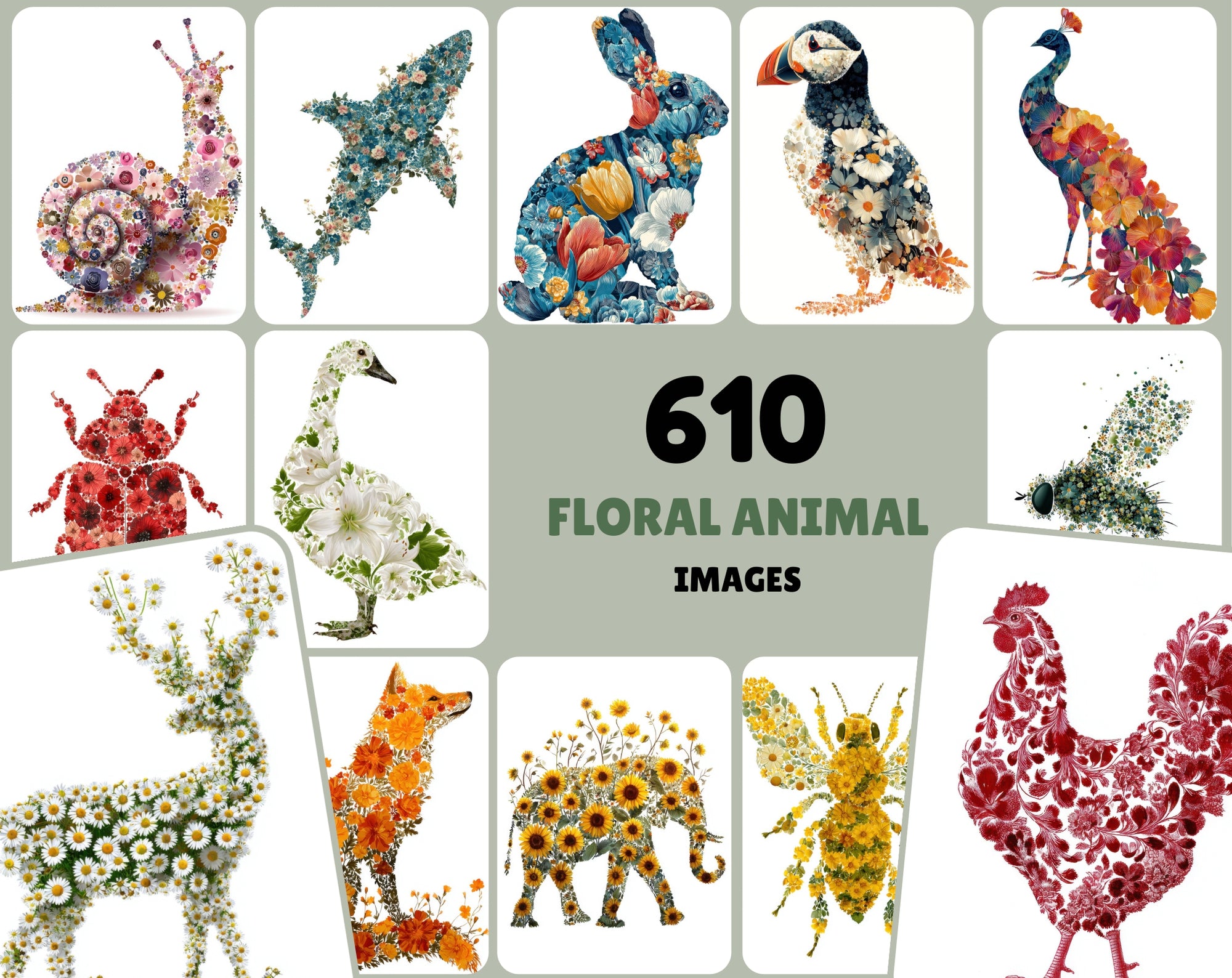610 Floral Animal Silhouette Images – Vintage Flower Art, Commercial License